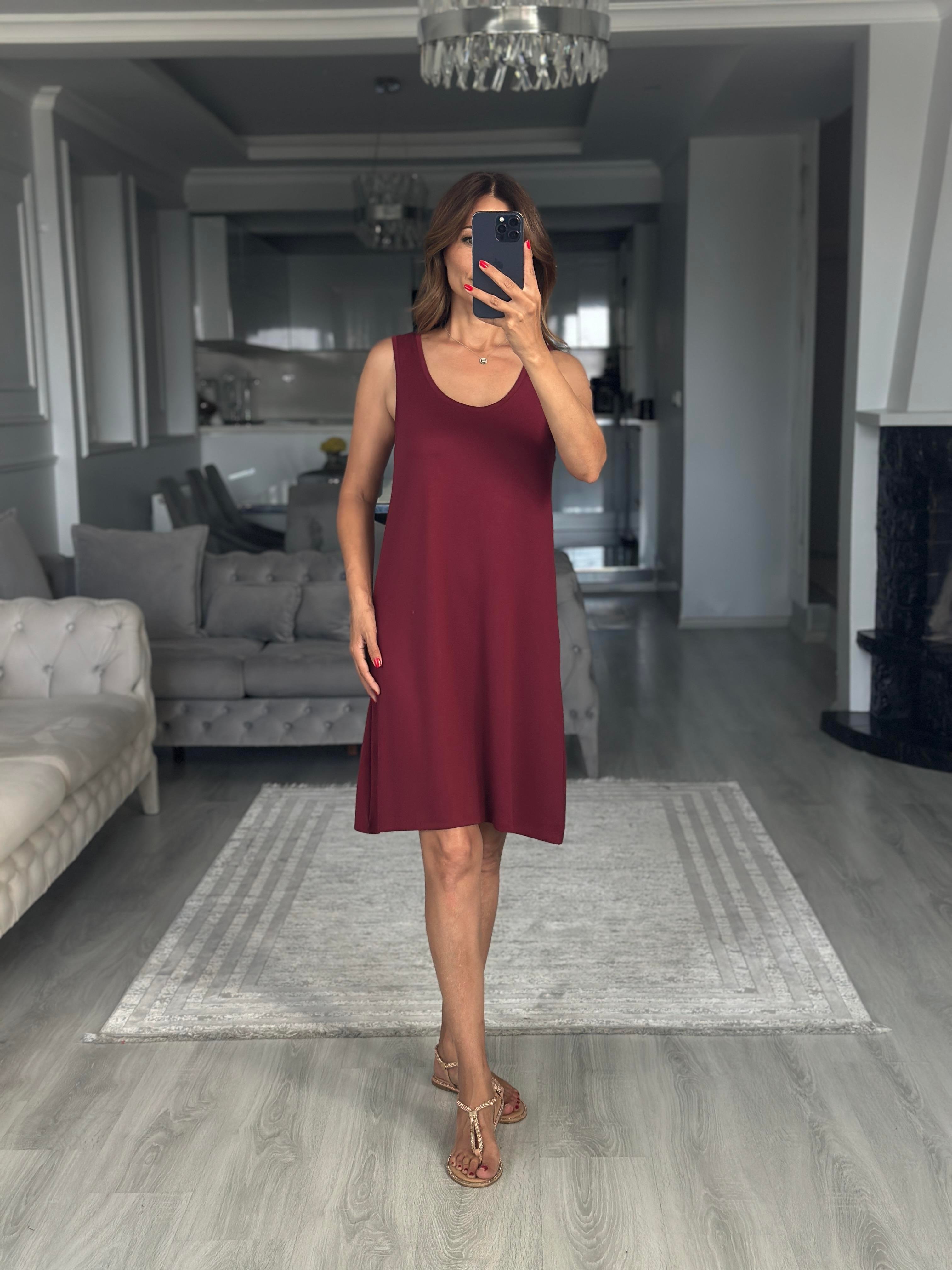 Bordo Ön Arka U Yaka  Basic Mini Kadın Elbise