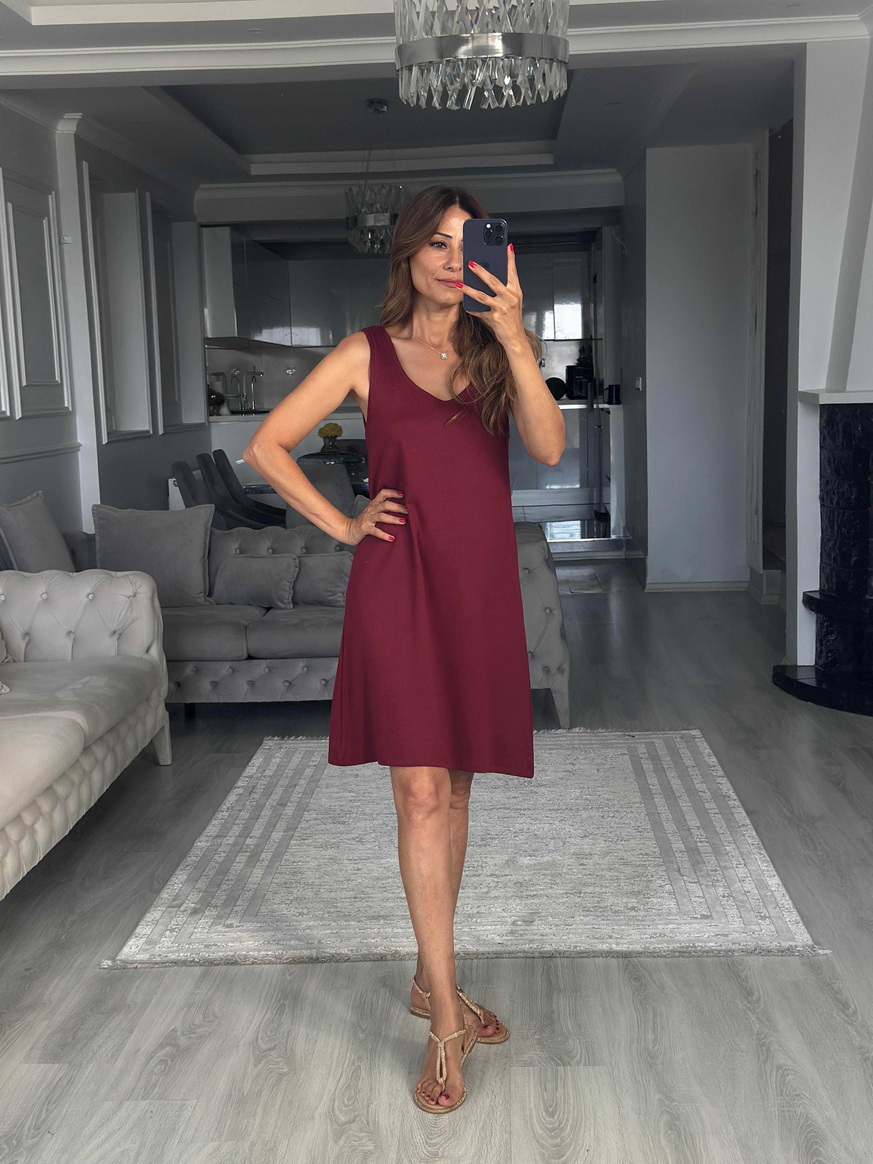 Bordo Ön Arka U Yaka  Basic Mini Kadın Elbise