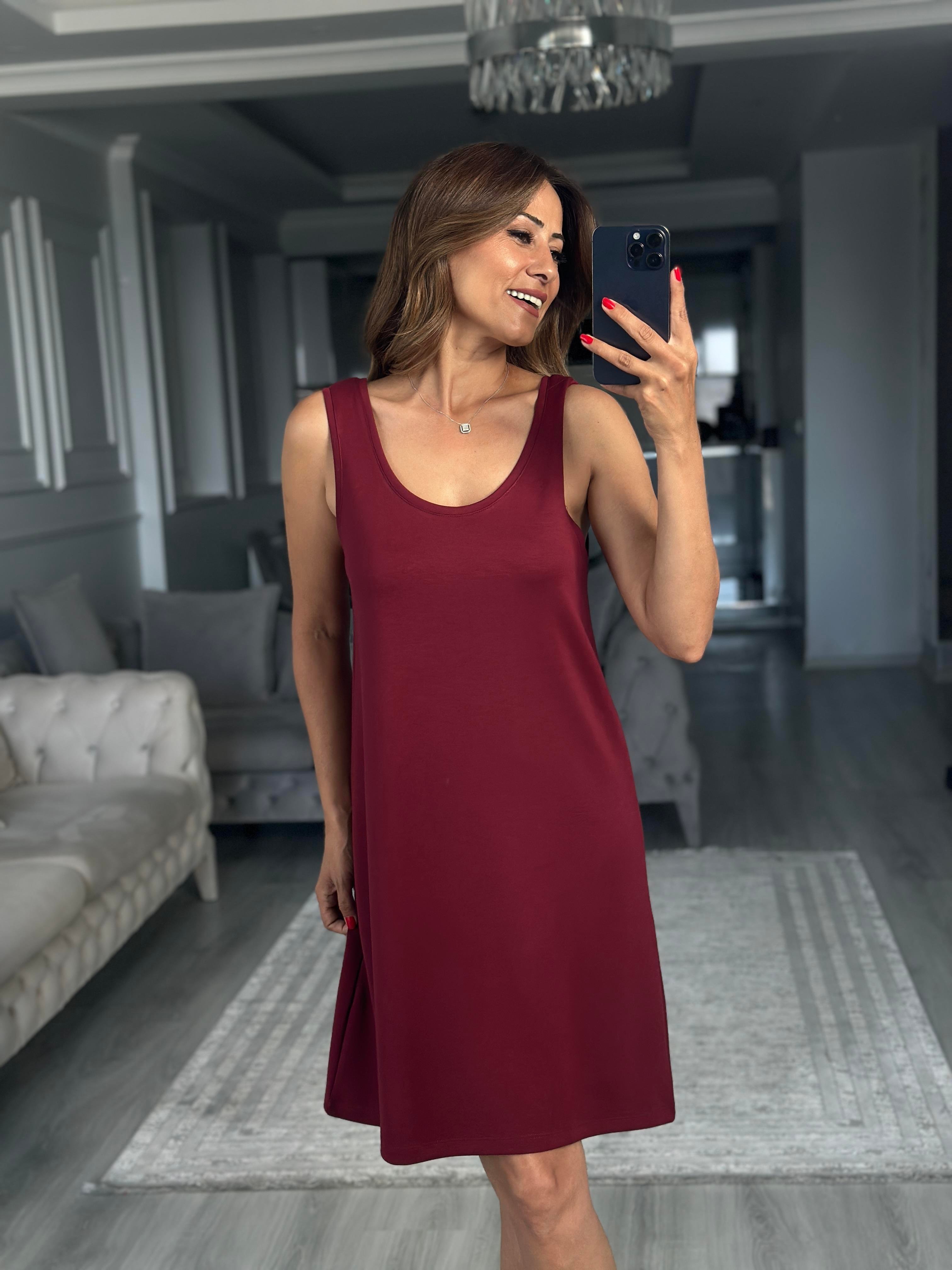 Bordo Ön Arka U Yaka  Basic Mini Kadın Elbise