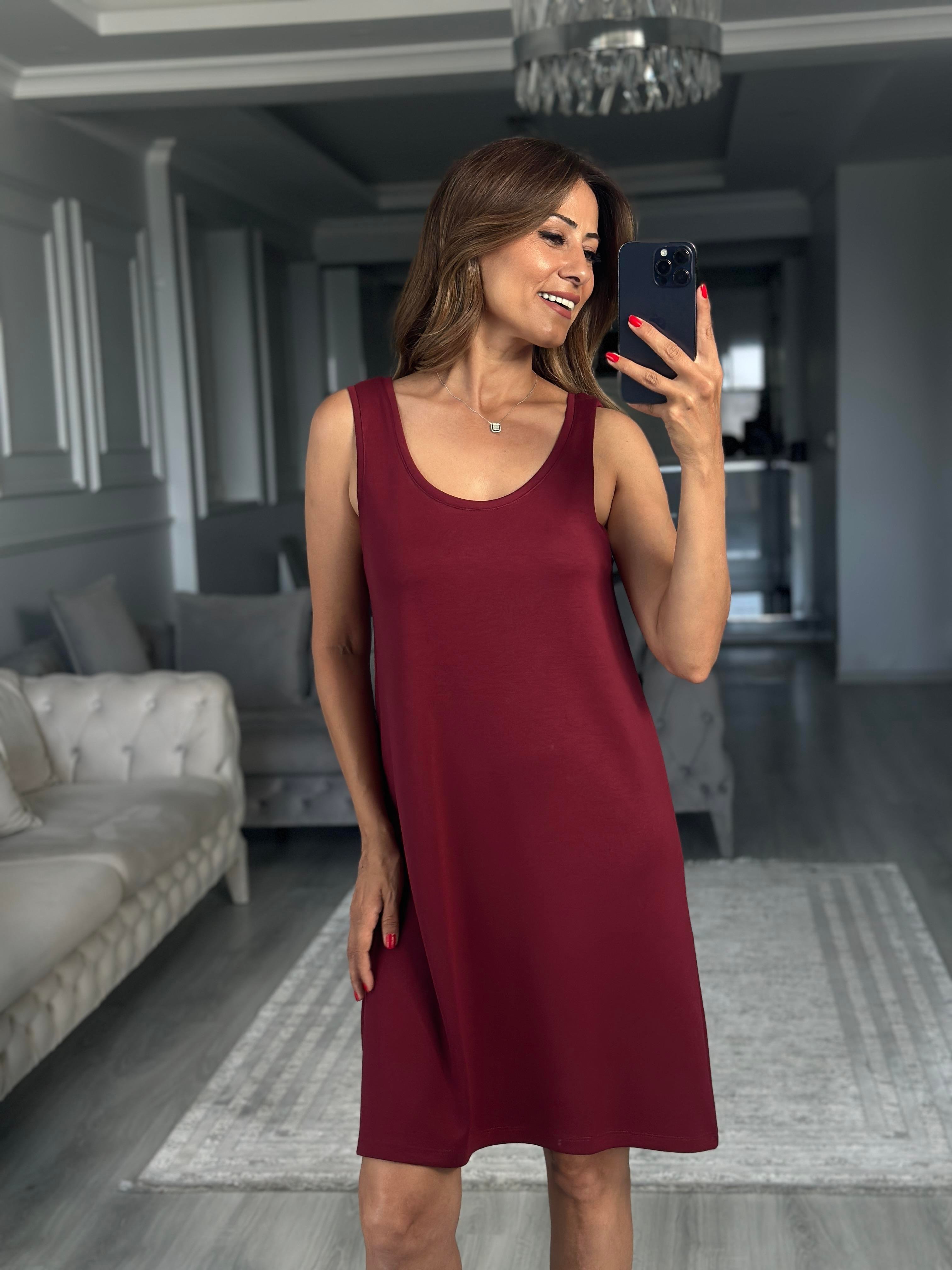 Bordo Ön Arka U Yaka  Basic Mini Kadın Elbise