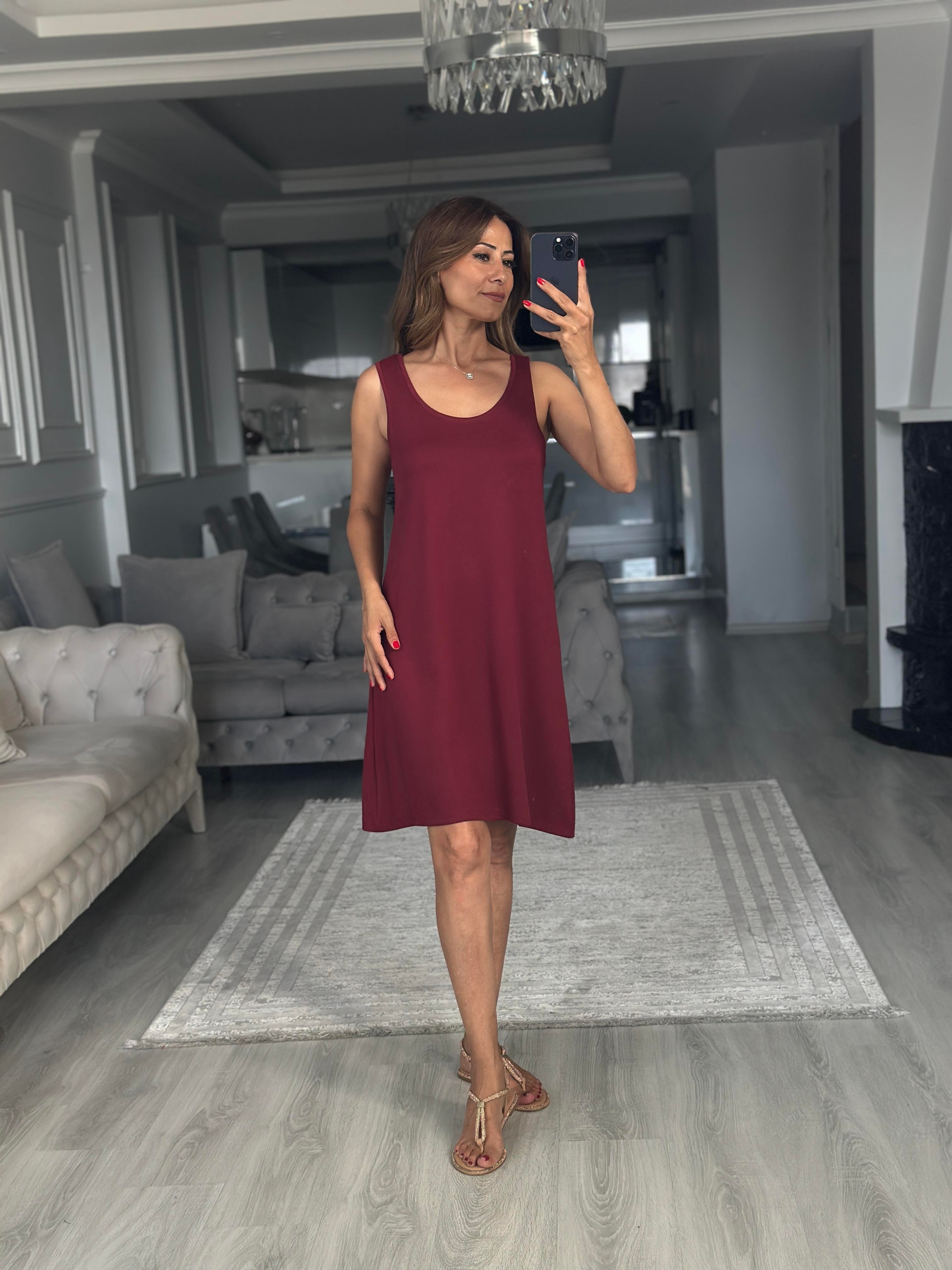 Bordo Ön Arka U Yaka  Basic Mini Kadın Elbise