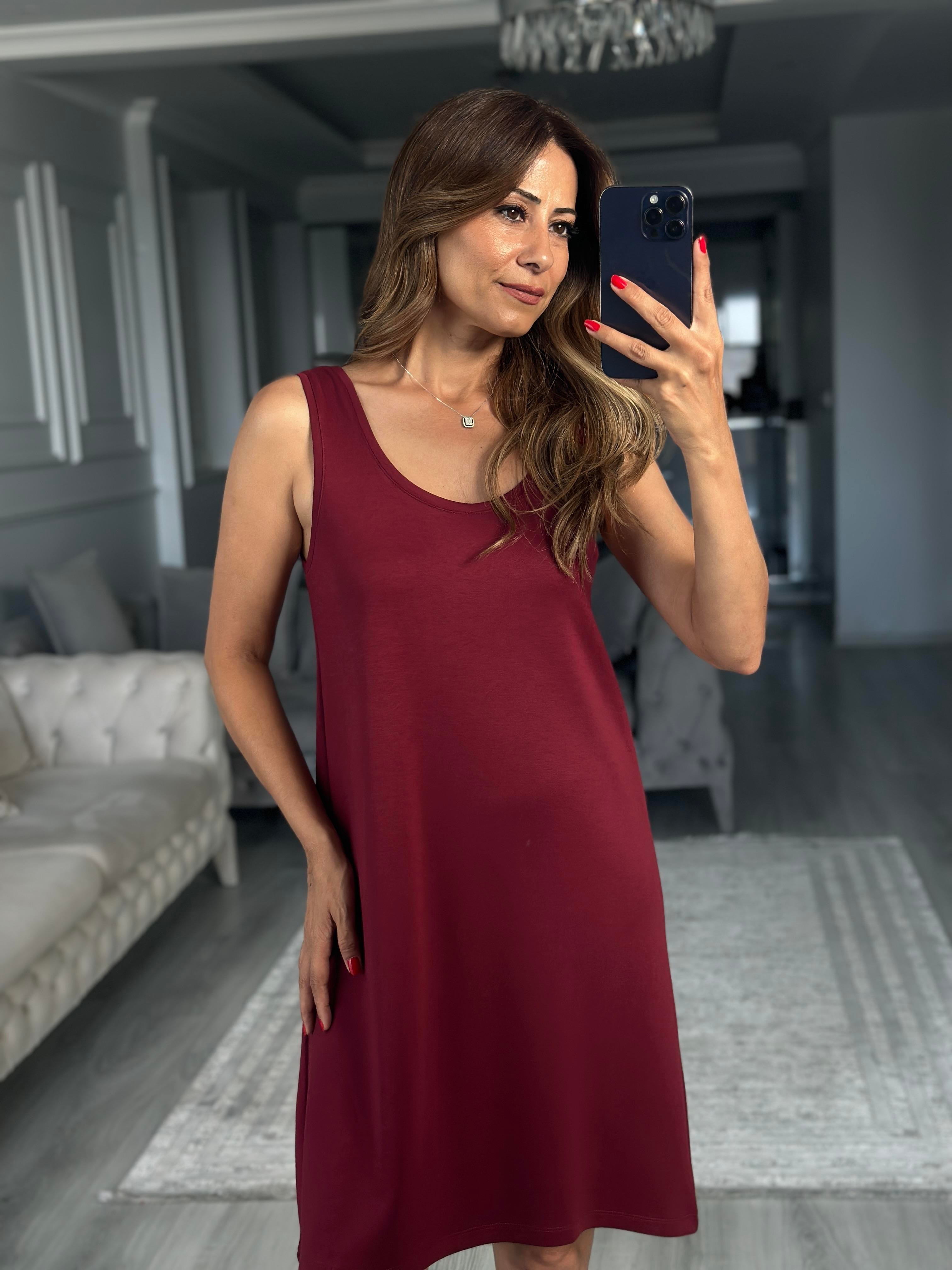 Bordo Ön Arka U Yaka  Basic Mini Kadın Elbise
