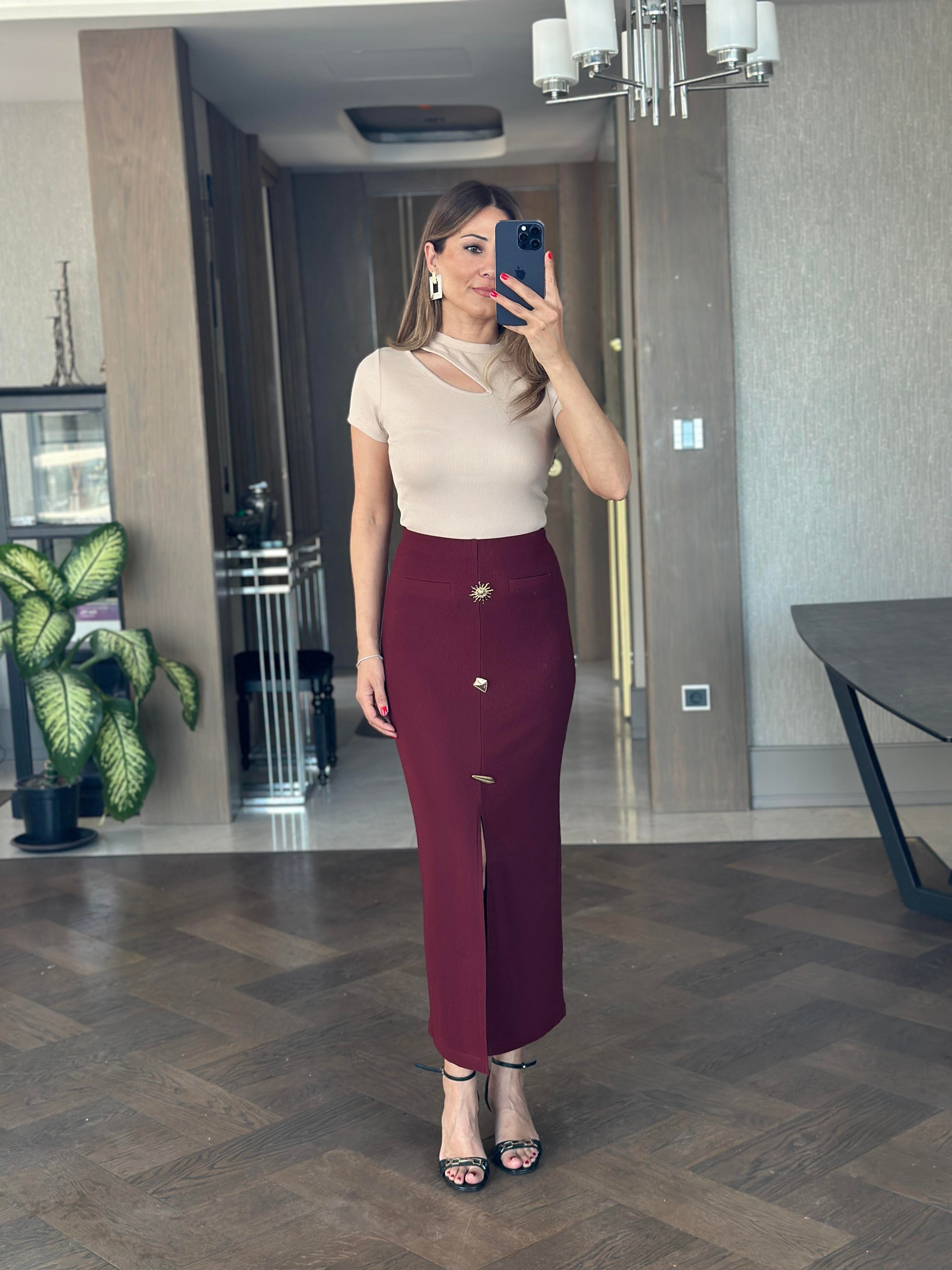 Bordo Ottoman Yırtmaçlı Güneş Serisi Kadın Midi Boy Etek