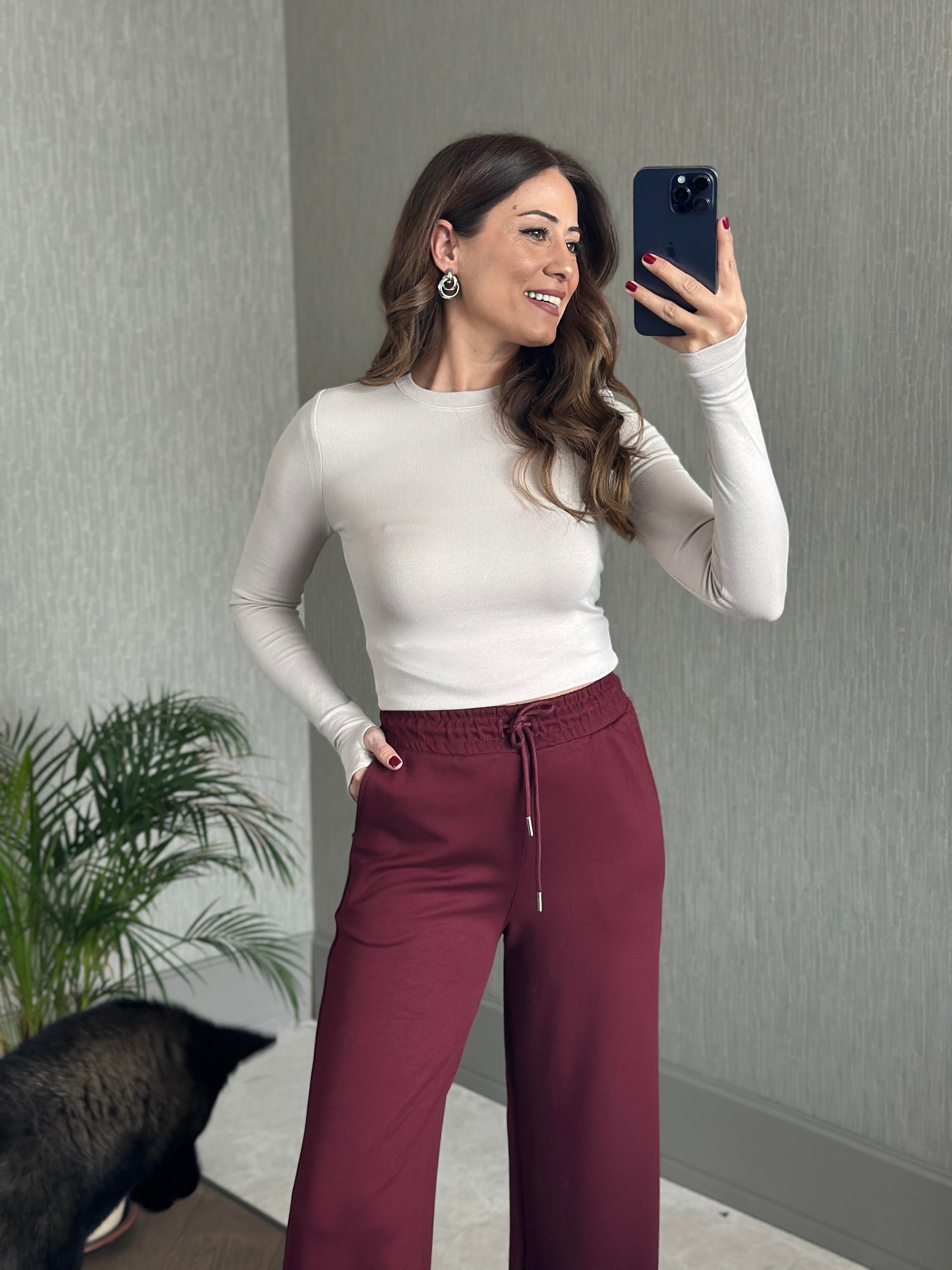 Bordo Oysh Model Bol Paça Cepli Kadın Modal Eşofman Altı