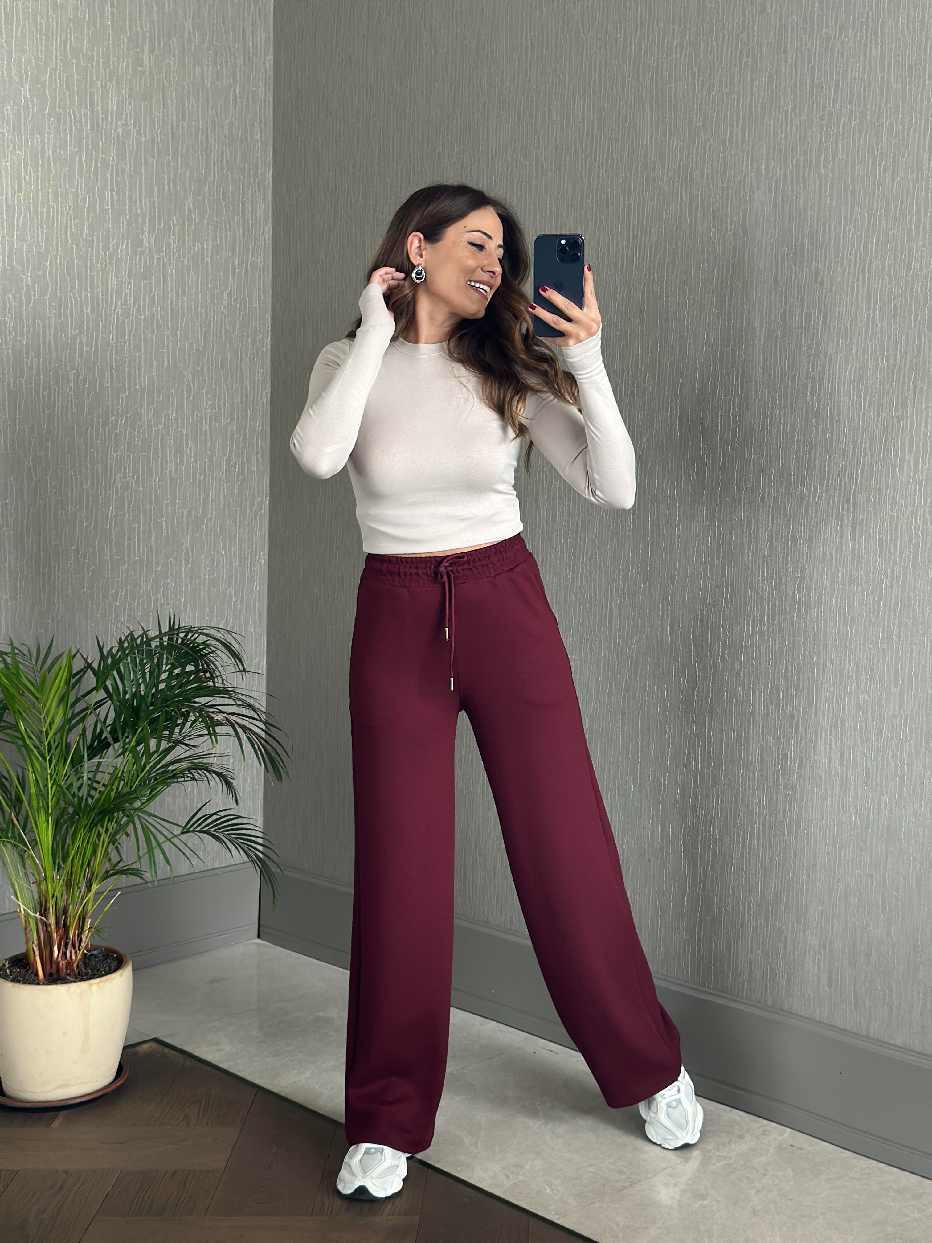 Bordo Oysh Model Bol Paça Cepli Kadın Modal Eşofman Altı