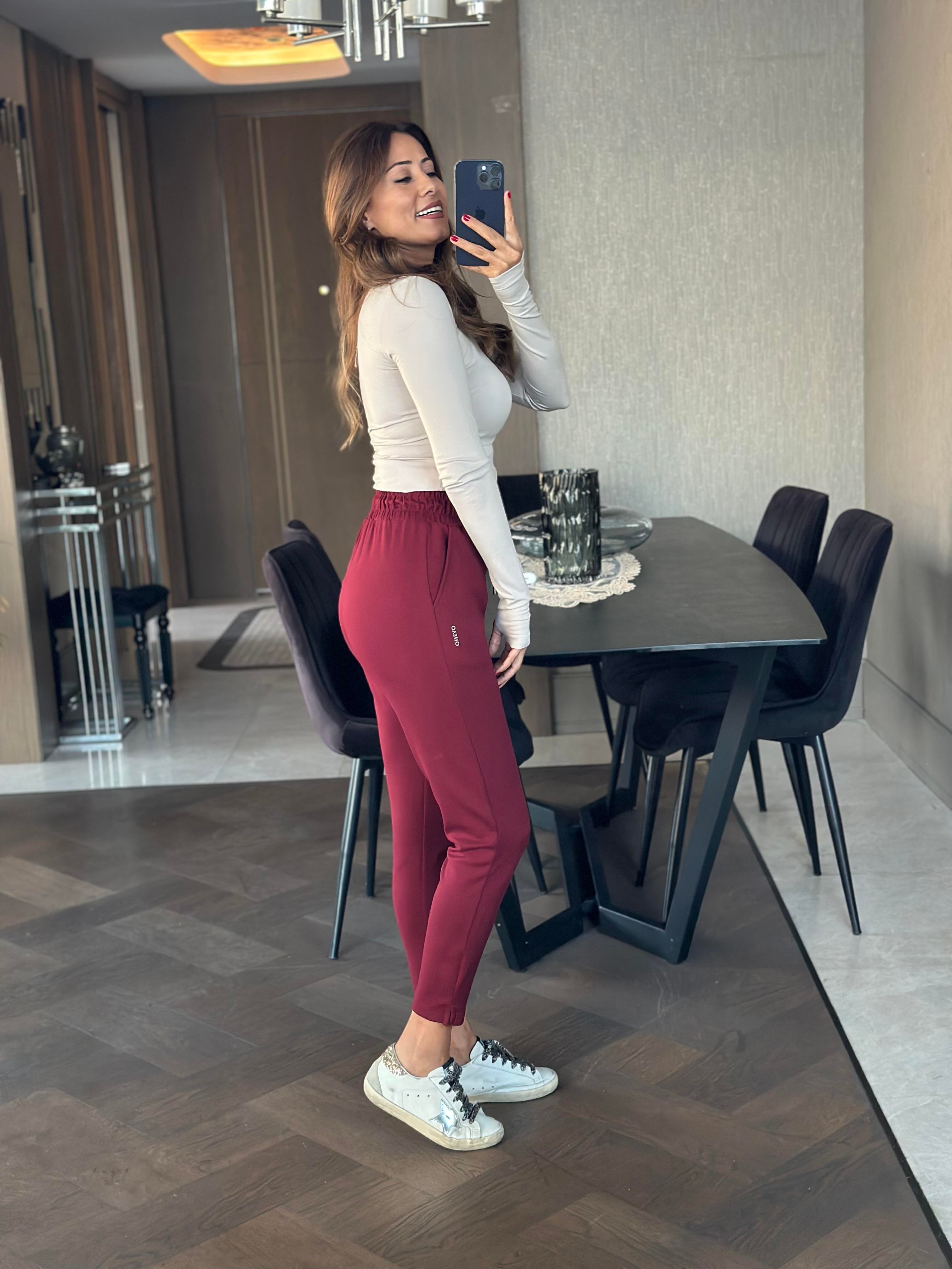 Bordo Oysh Paçaları Minik Yırtmaçlı Cepli Kadın Eşofman Altı