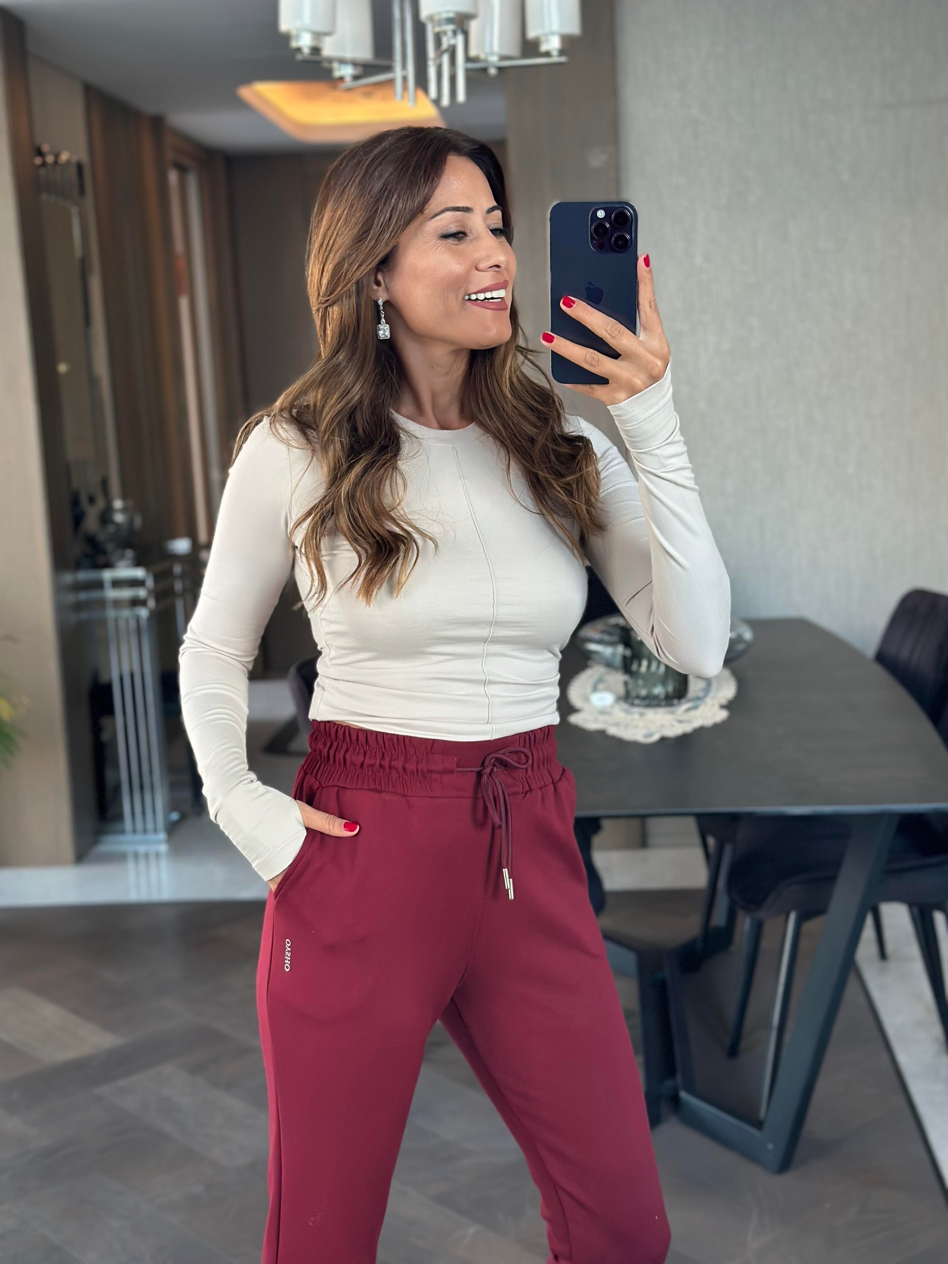 Bordo Oysh Paçaları Minik Yırtmaçlı Cepli Kadın Eşofman Altı