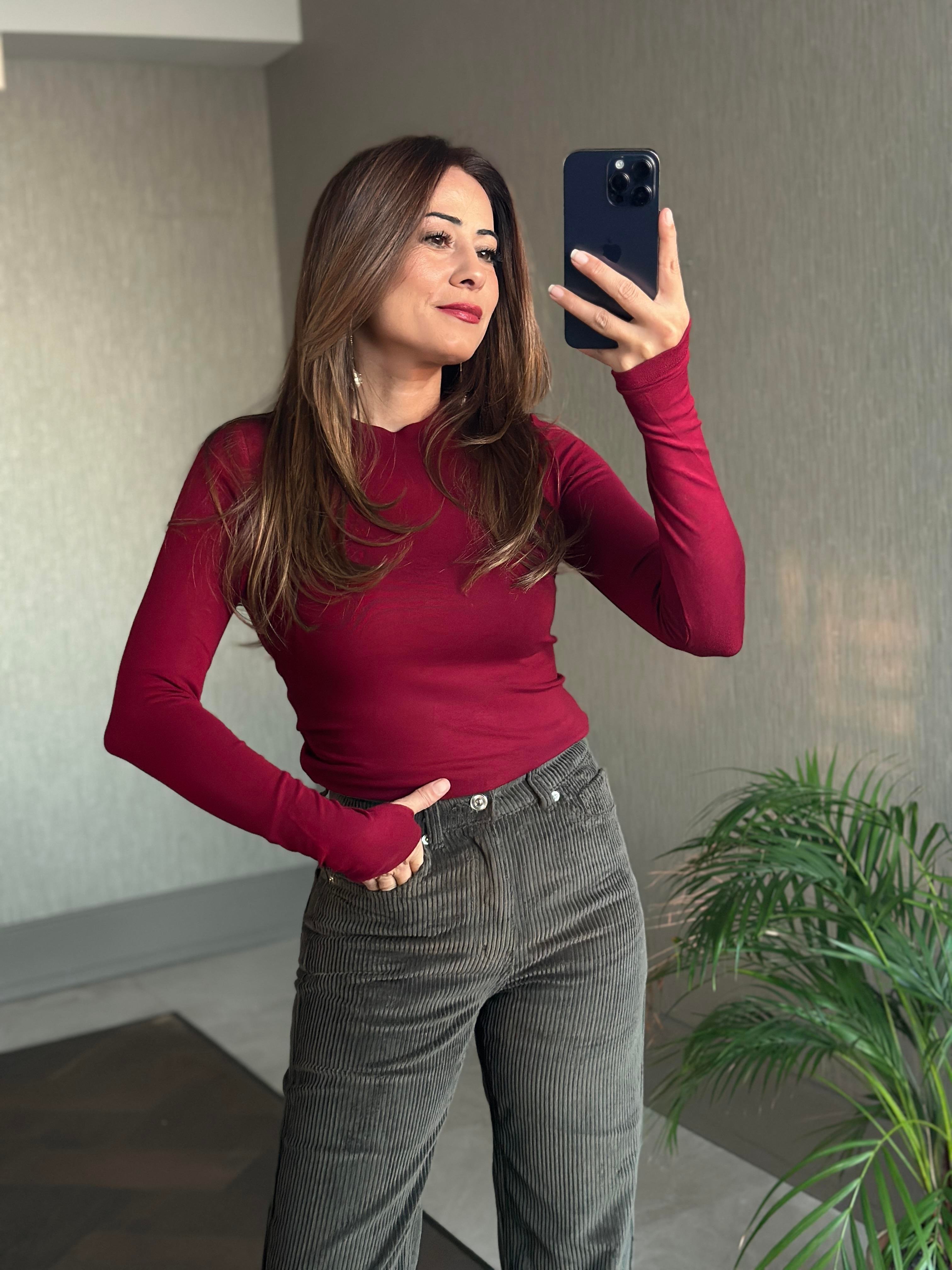 Bordo Parmak Detay Bisiklet Yaka Yumoş Kadın Body