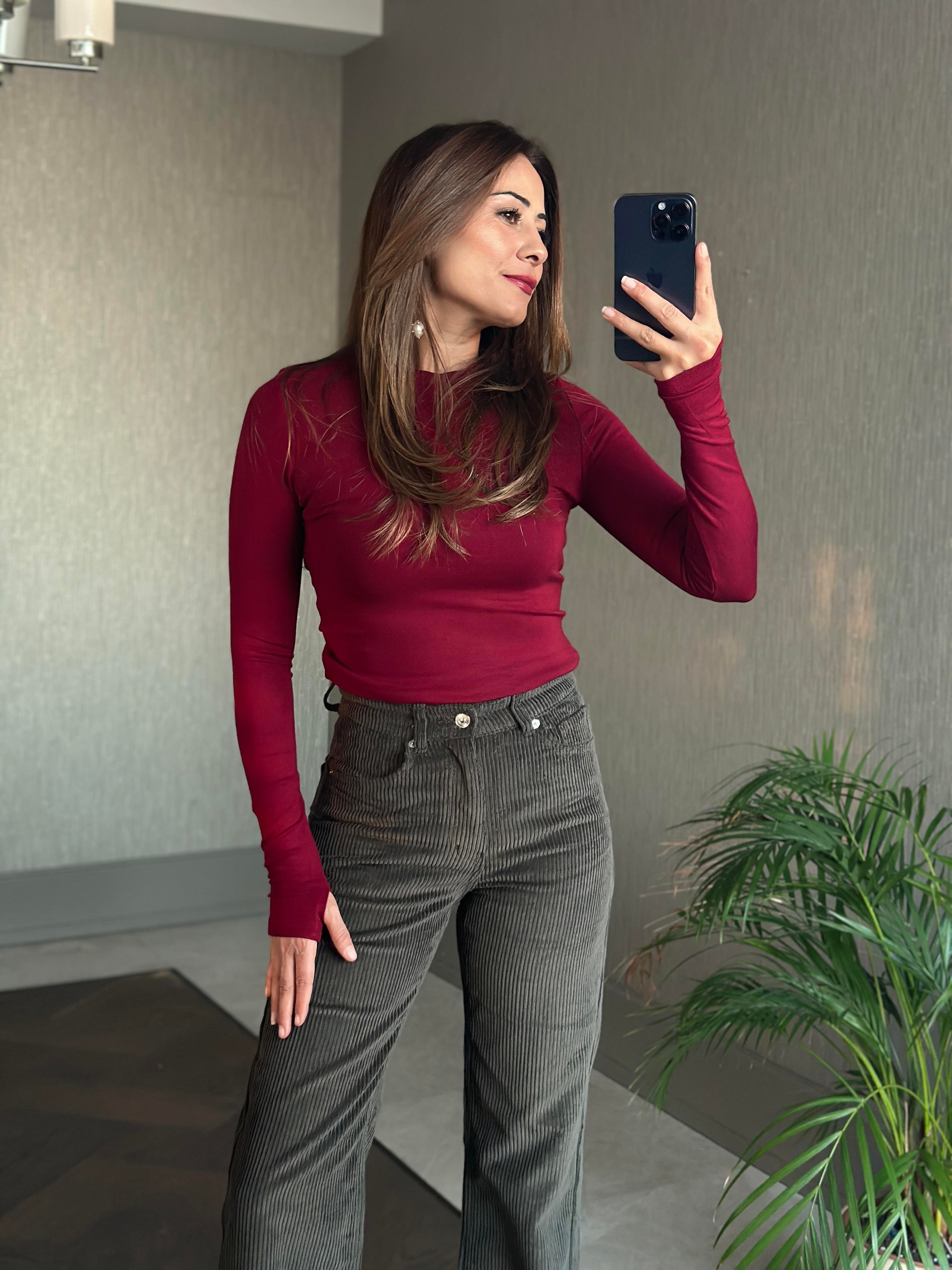 Bordo Parmak Detay Bisiklet Yaka Yumoş Kadın Body