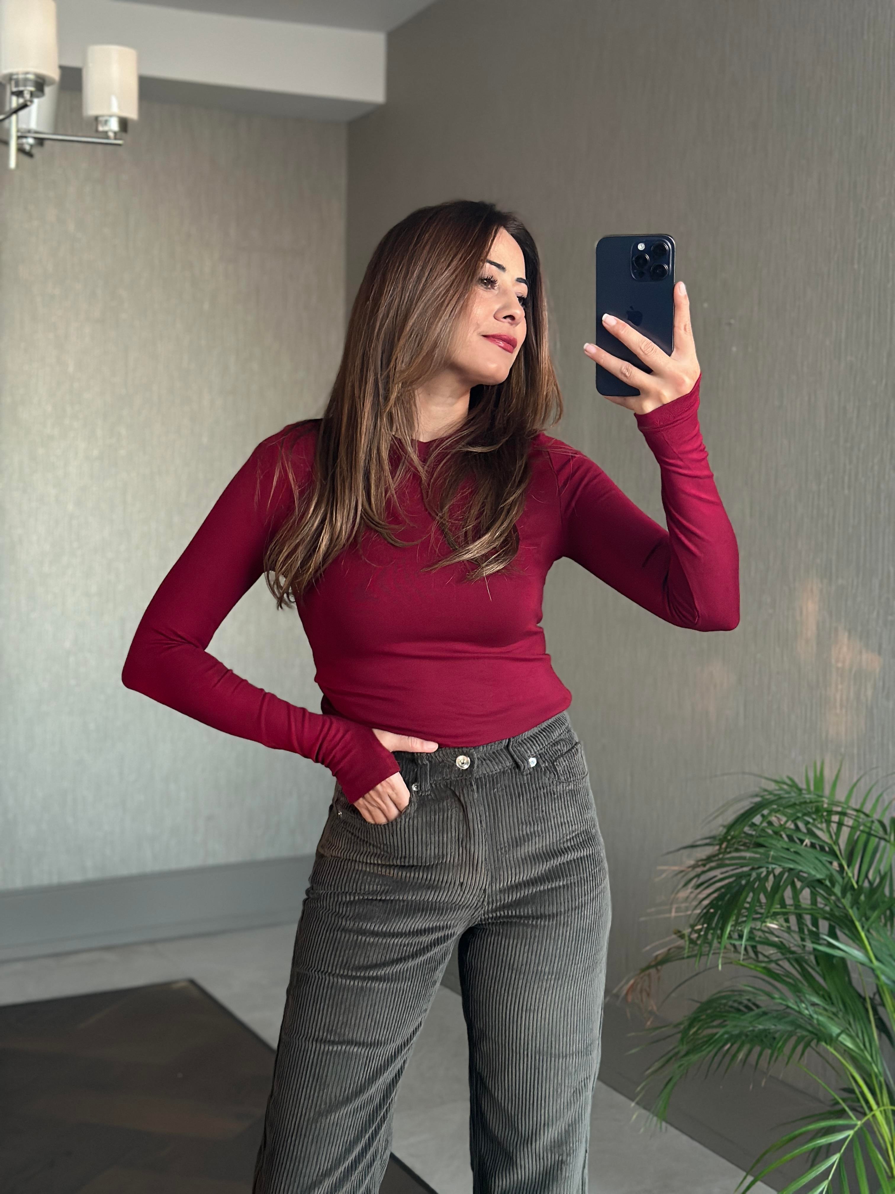 Bordo Parmak Detay Bisiklet Yaka Yumoş Kadın Body