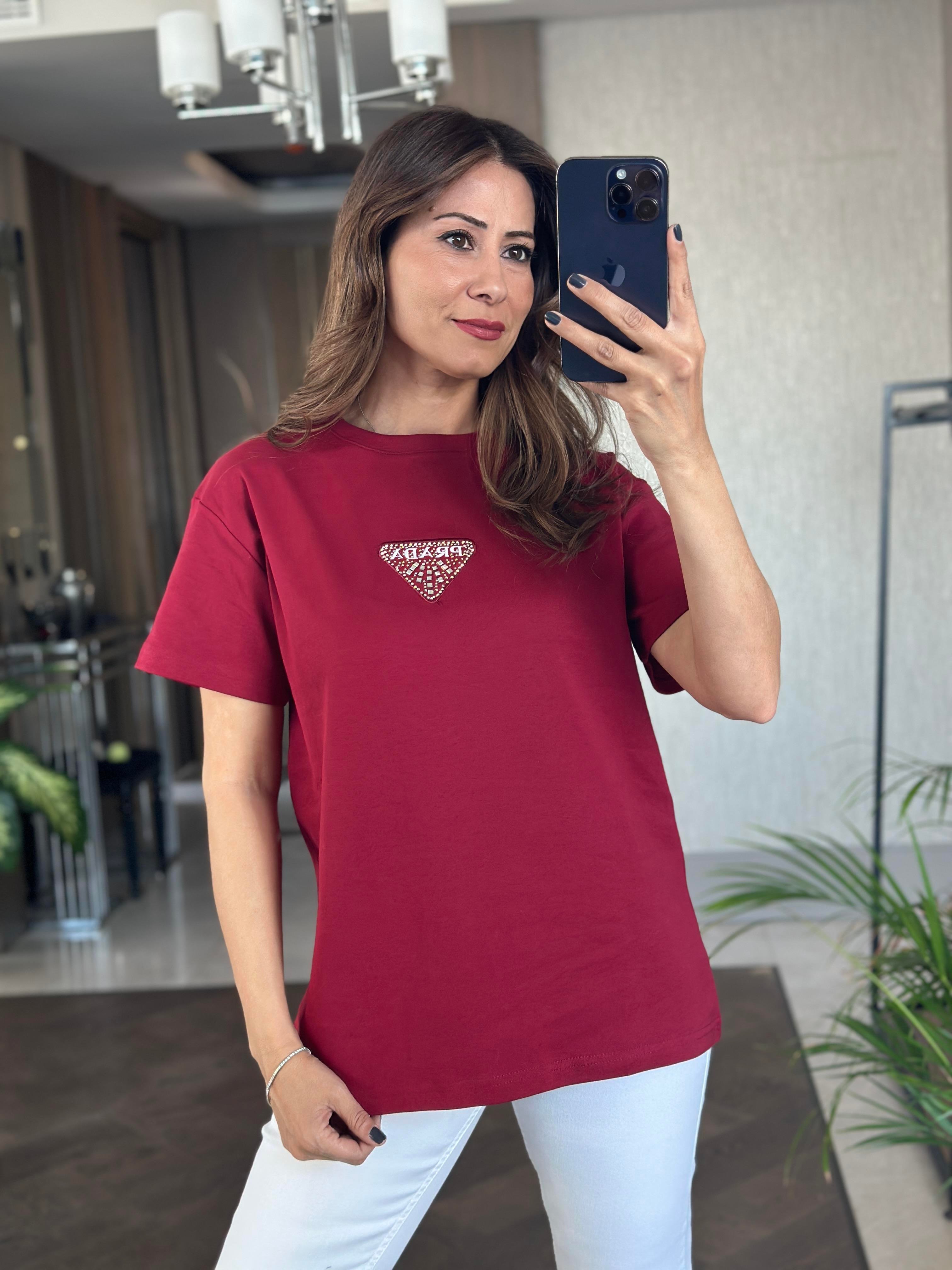 Bordo Prd Üçgen Logolu Bisiklet Yaka Kadın T-Shirt