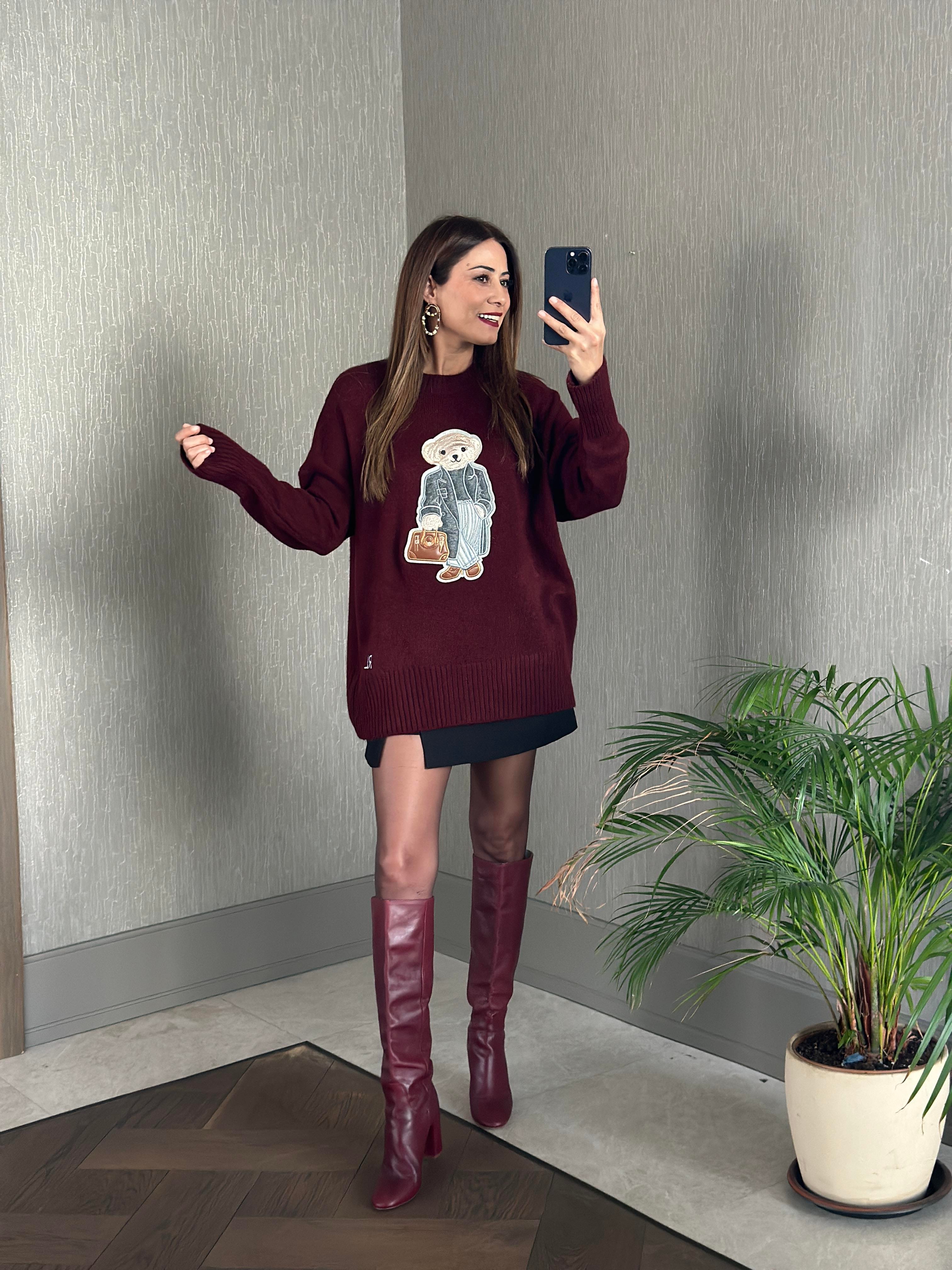 Bordo RL Model Bisiklet Yaka Önü Ayıcık Nakışlı Kadın Triko Kazak