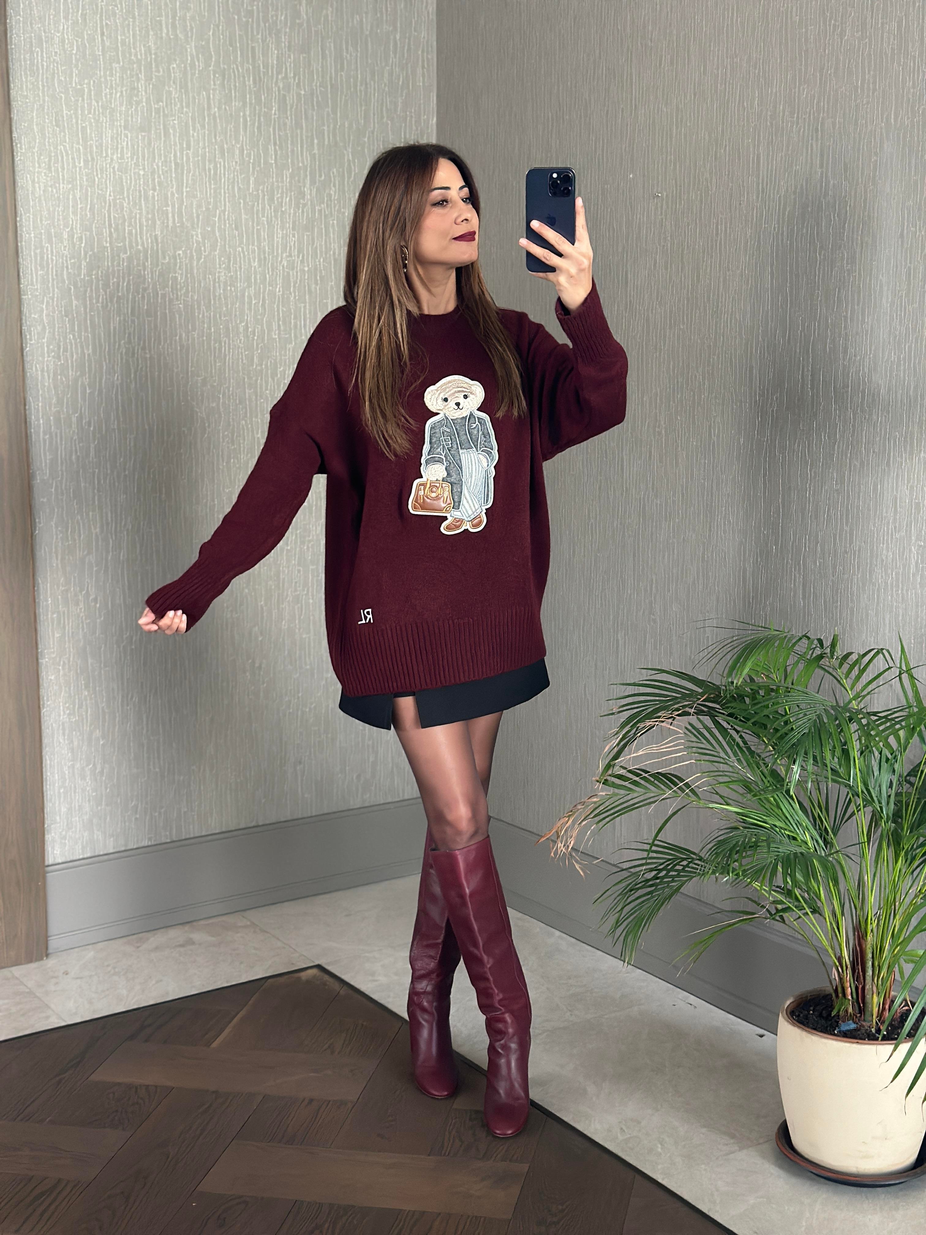 Bordo RL Model Bisiklet Yaka Önü Ayıcık Nakışlı Kadın Triko Kazak