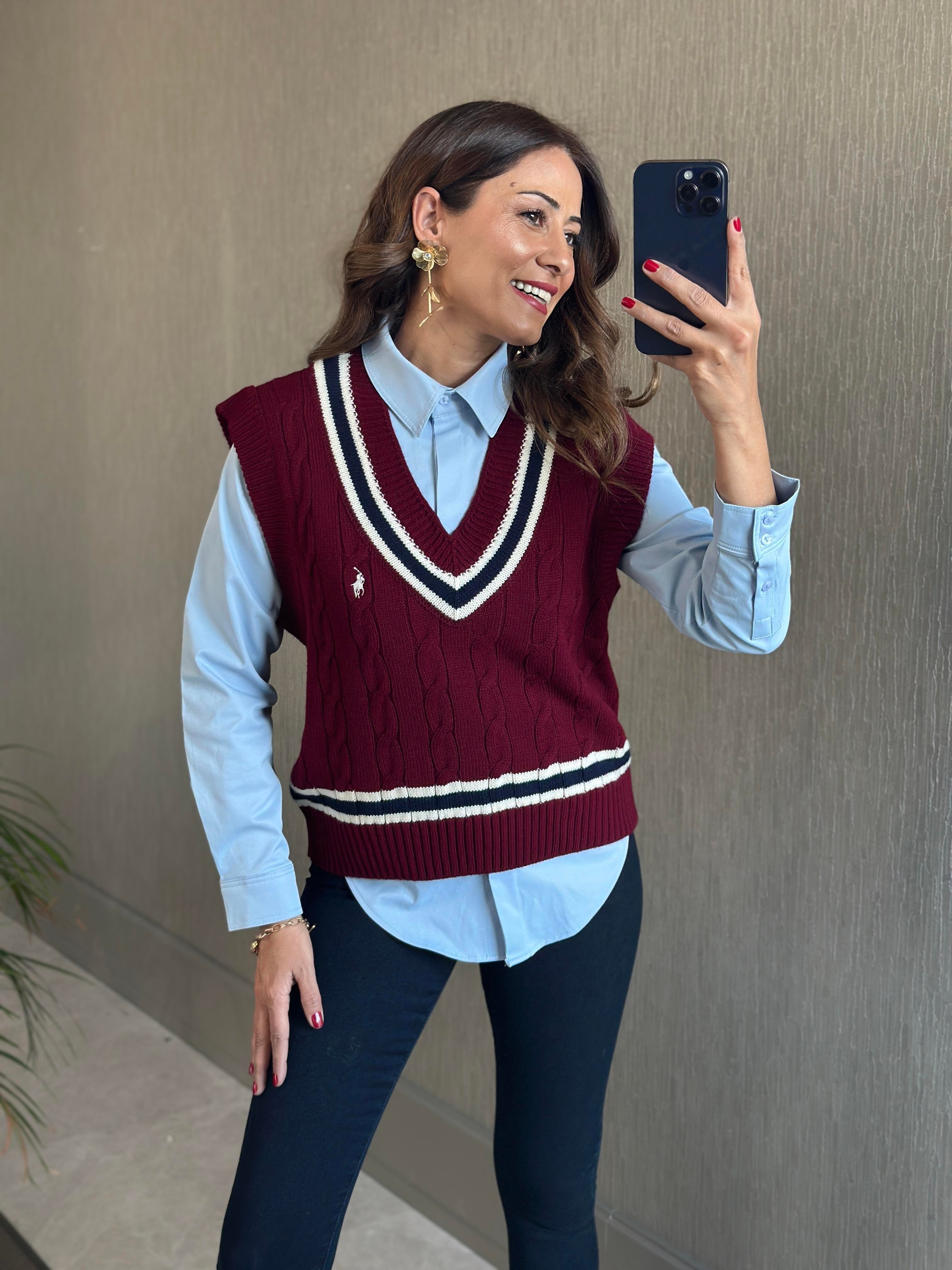 Bordo Şerit Detay Saç Örgü Kadın Triko Süveter