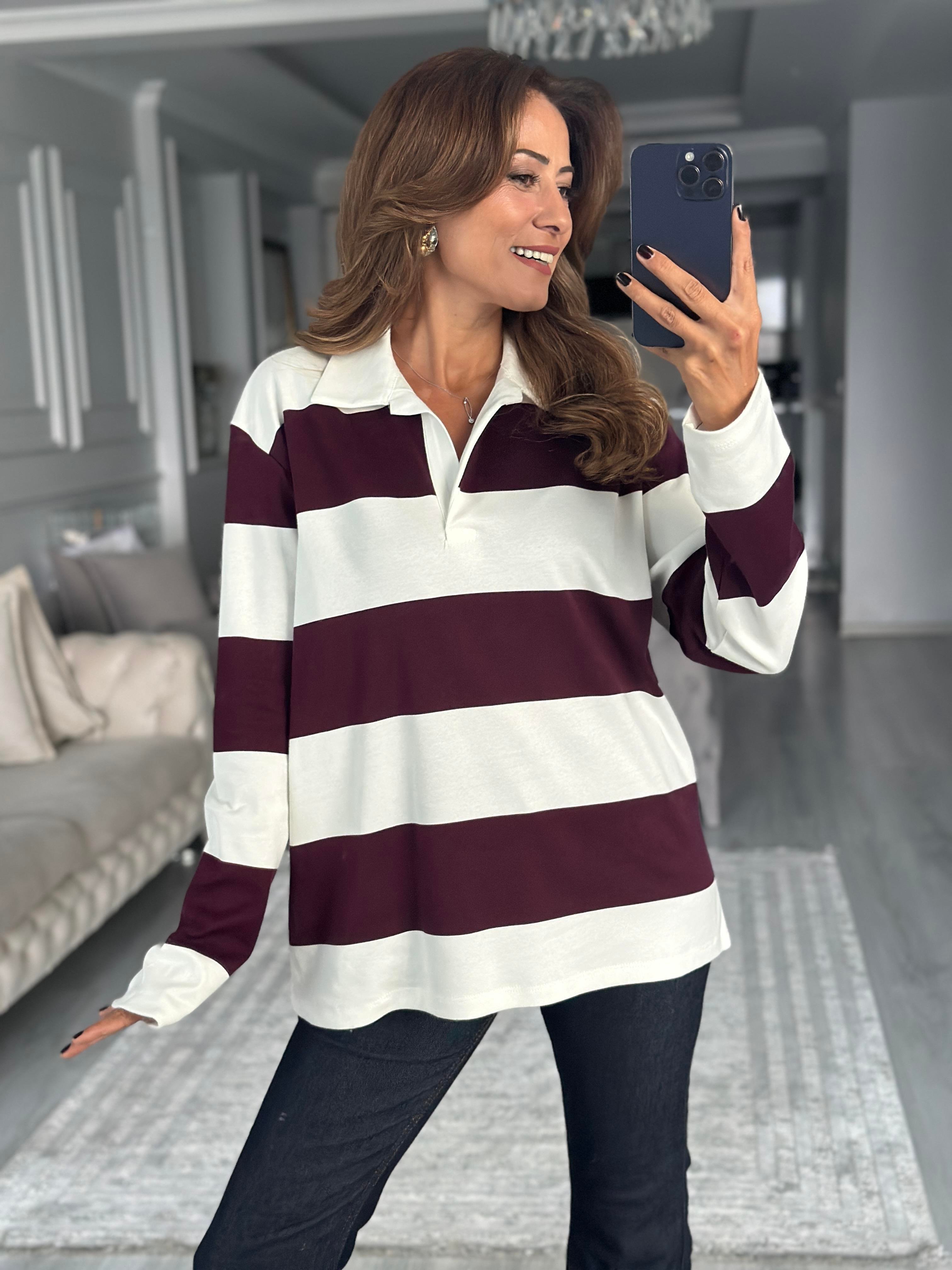 Bordo Şeritli Polo Yaka Uzun Kollu Kadın T-shirt