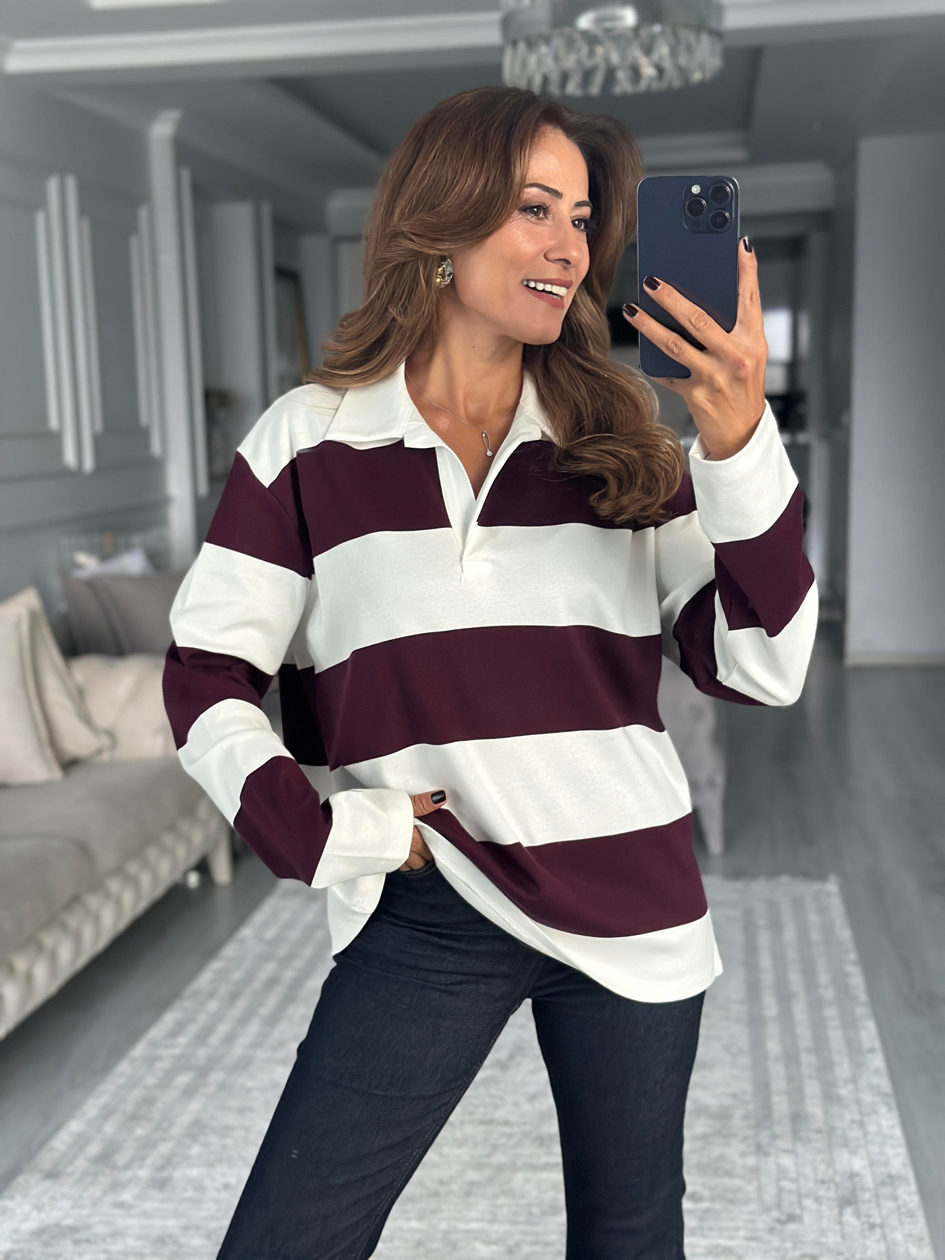 Bordo Şeritli Polo Yaka Uzun Kollu Kadın T-shirt