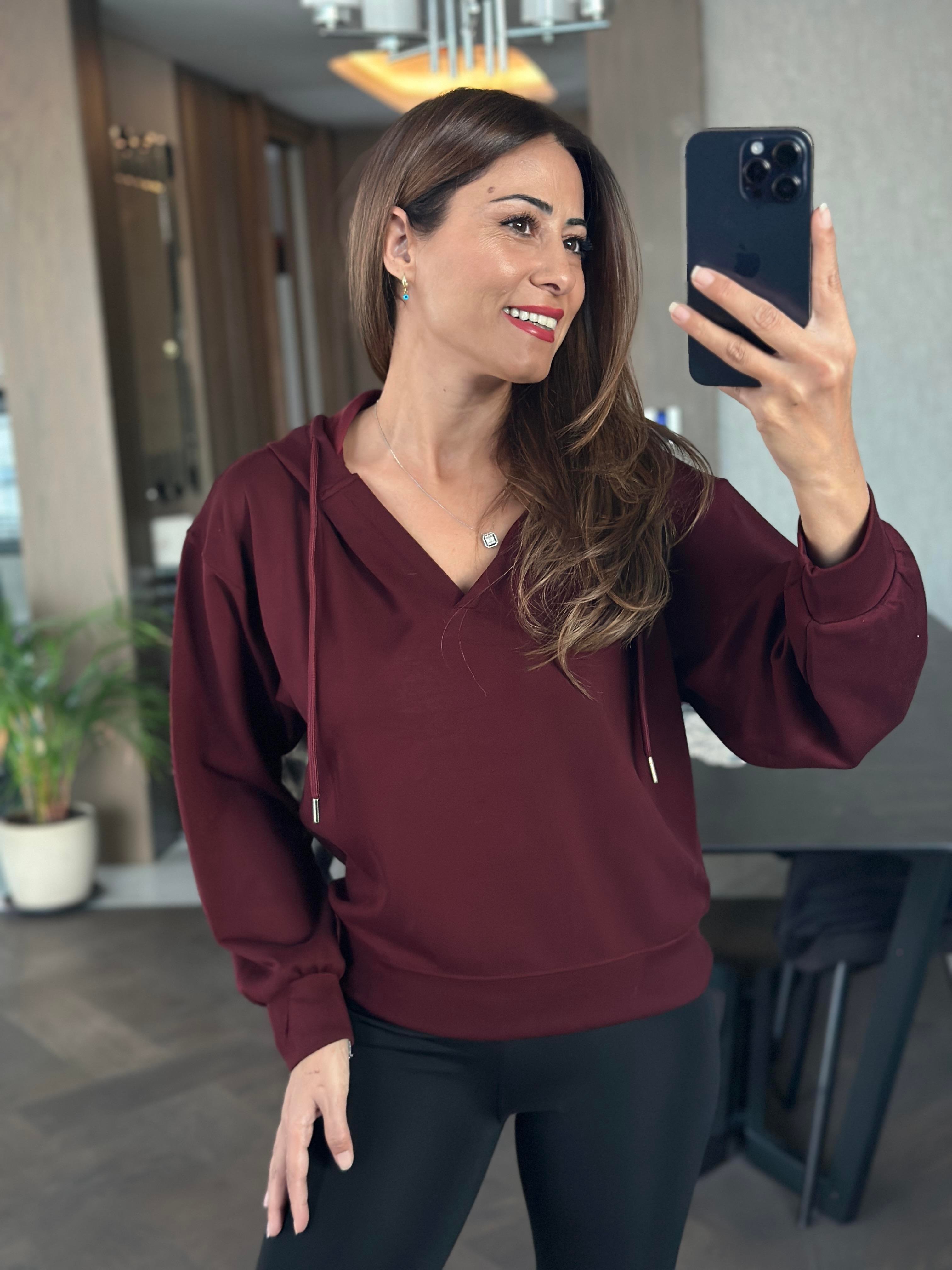 Bordo V Yaka Kapüşonlu Oysh Model Kadın Sweatshirt