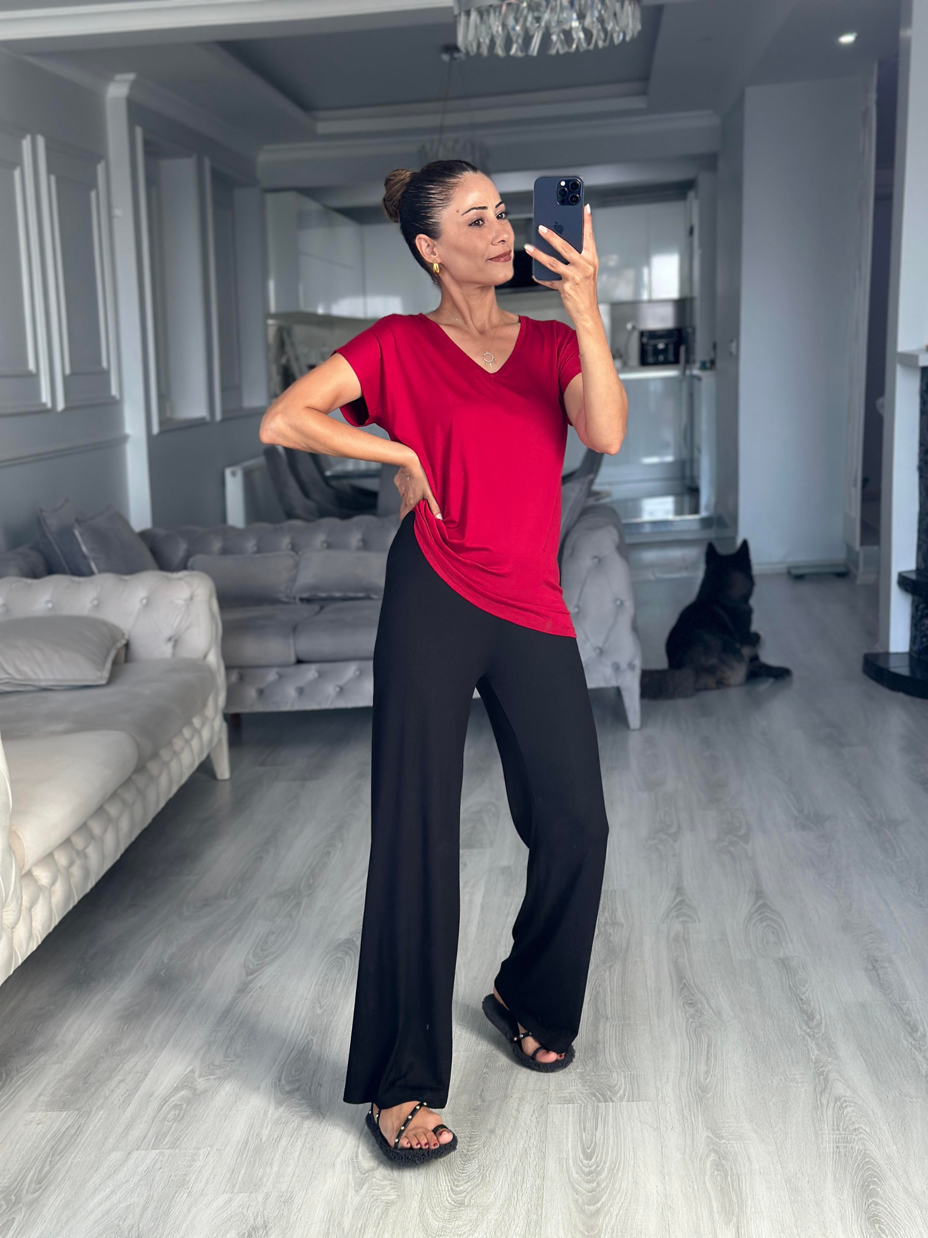 Bordo V Yaka Kısa Yarasa Kol Basic Kadın T-Shirt