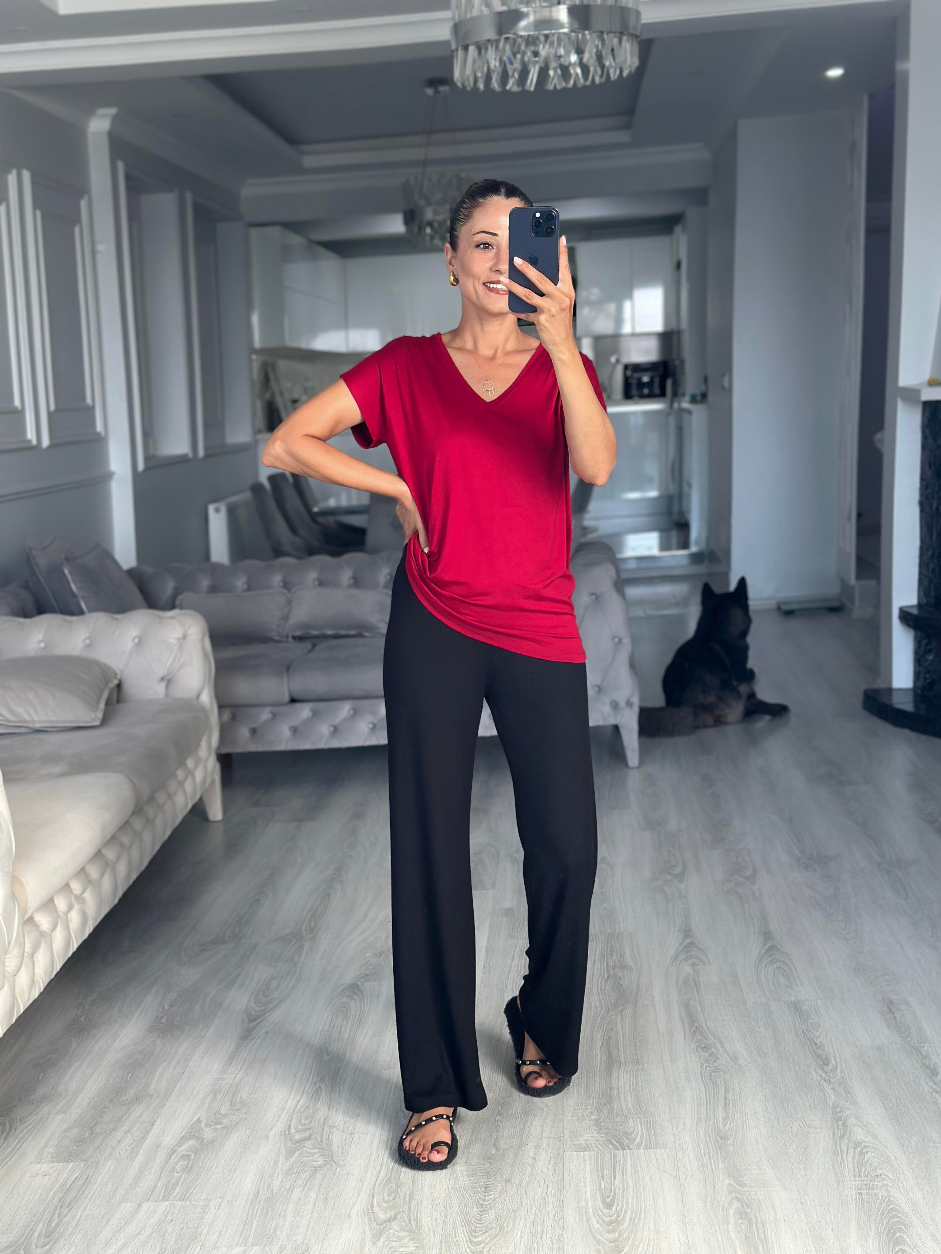 Bordo V Yaka Kısa Yarasa Kol Basic Kadın T-Shirt