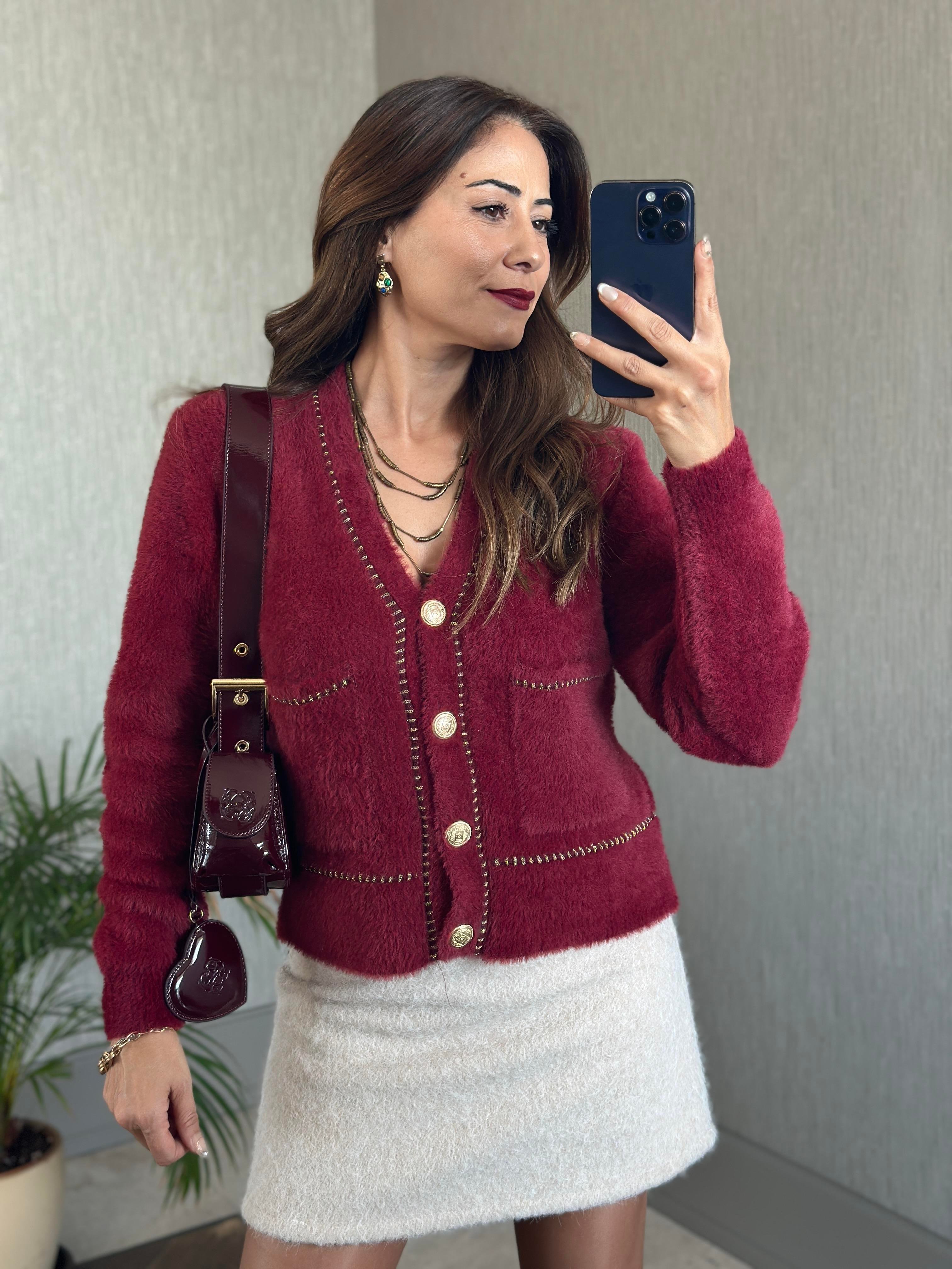 Bordo Yumoş Gold Şerit Detay Cepli Kadın Triko Hırka 