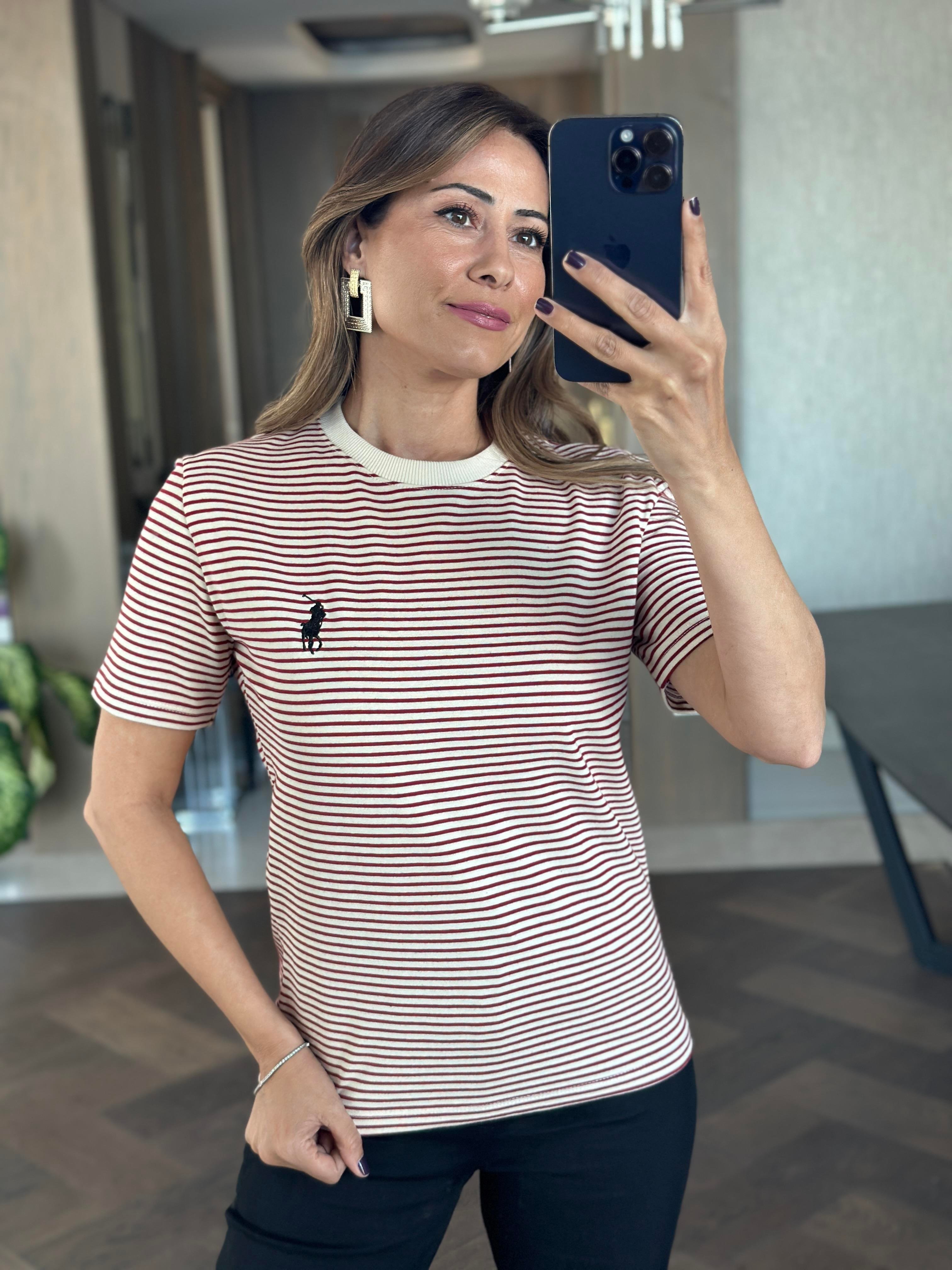 BordoÇizgili Nakışlı Bisiklet Yaka Kadın T-Shirt