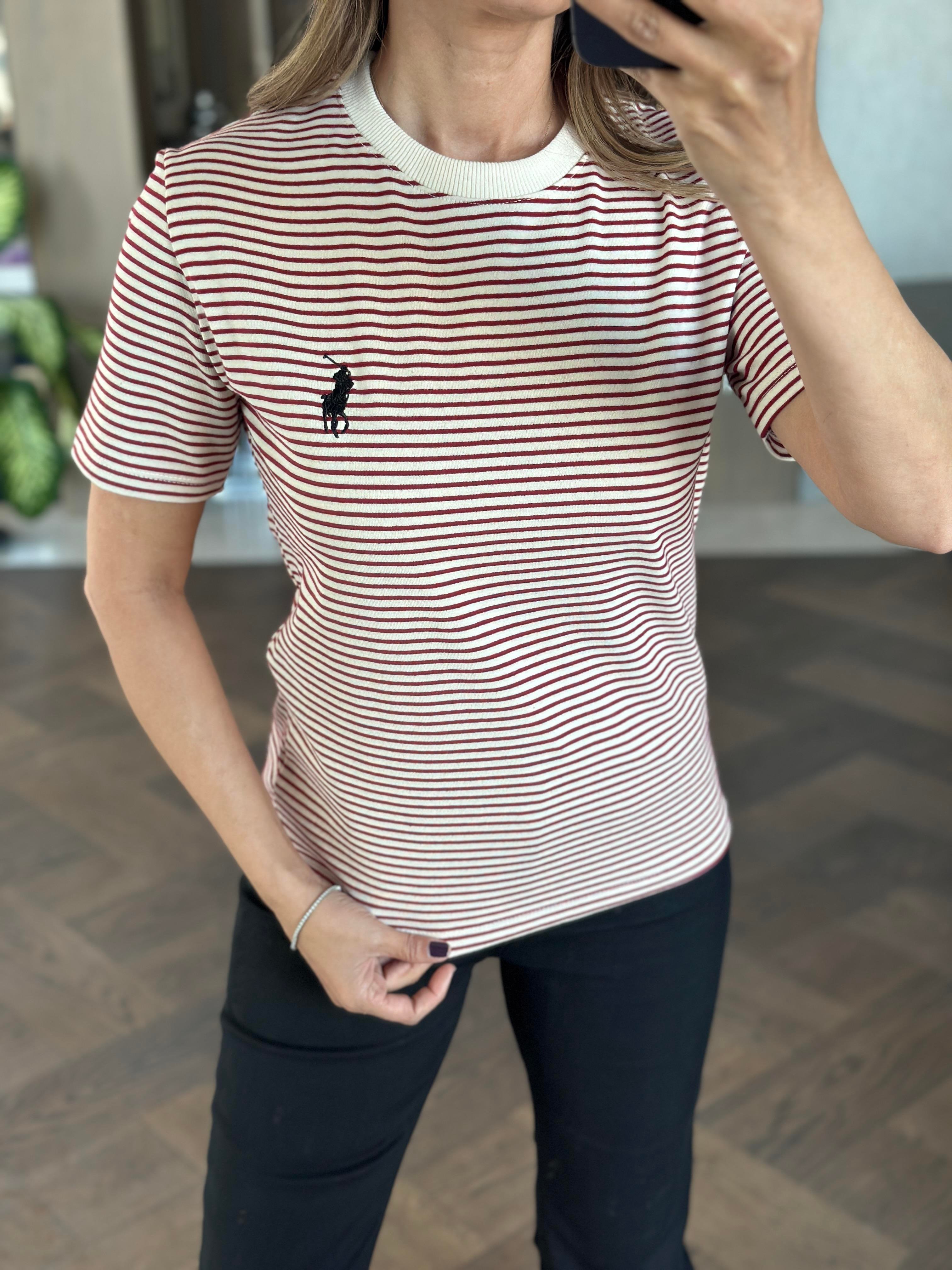 BordoÇizgili Nakışlı Bisiklet Yaka Kadın T-Shirt