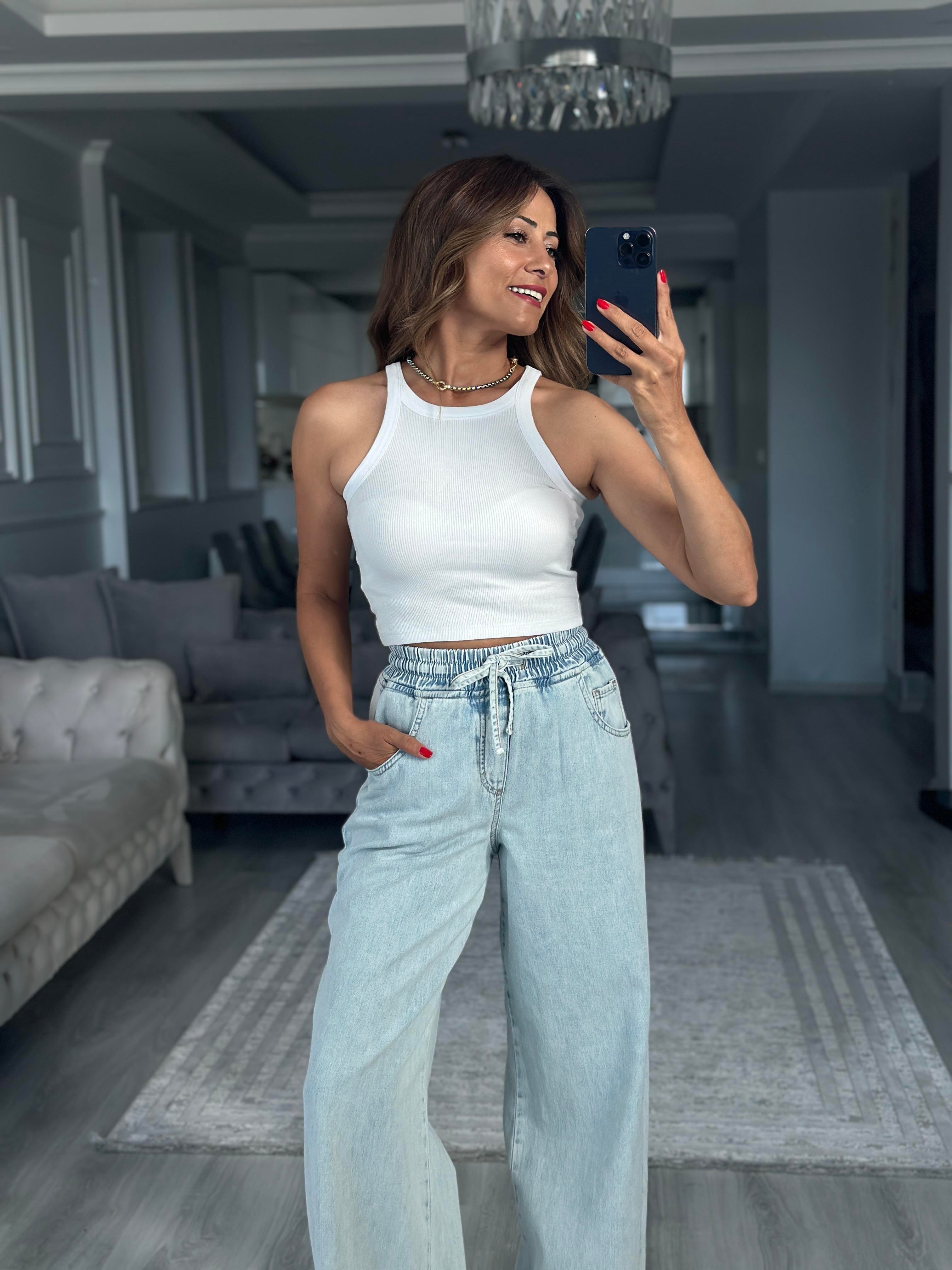 Buz Mavi Beli Lastikli Palazzo Kadın Jean Pantolon