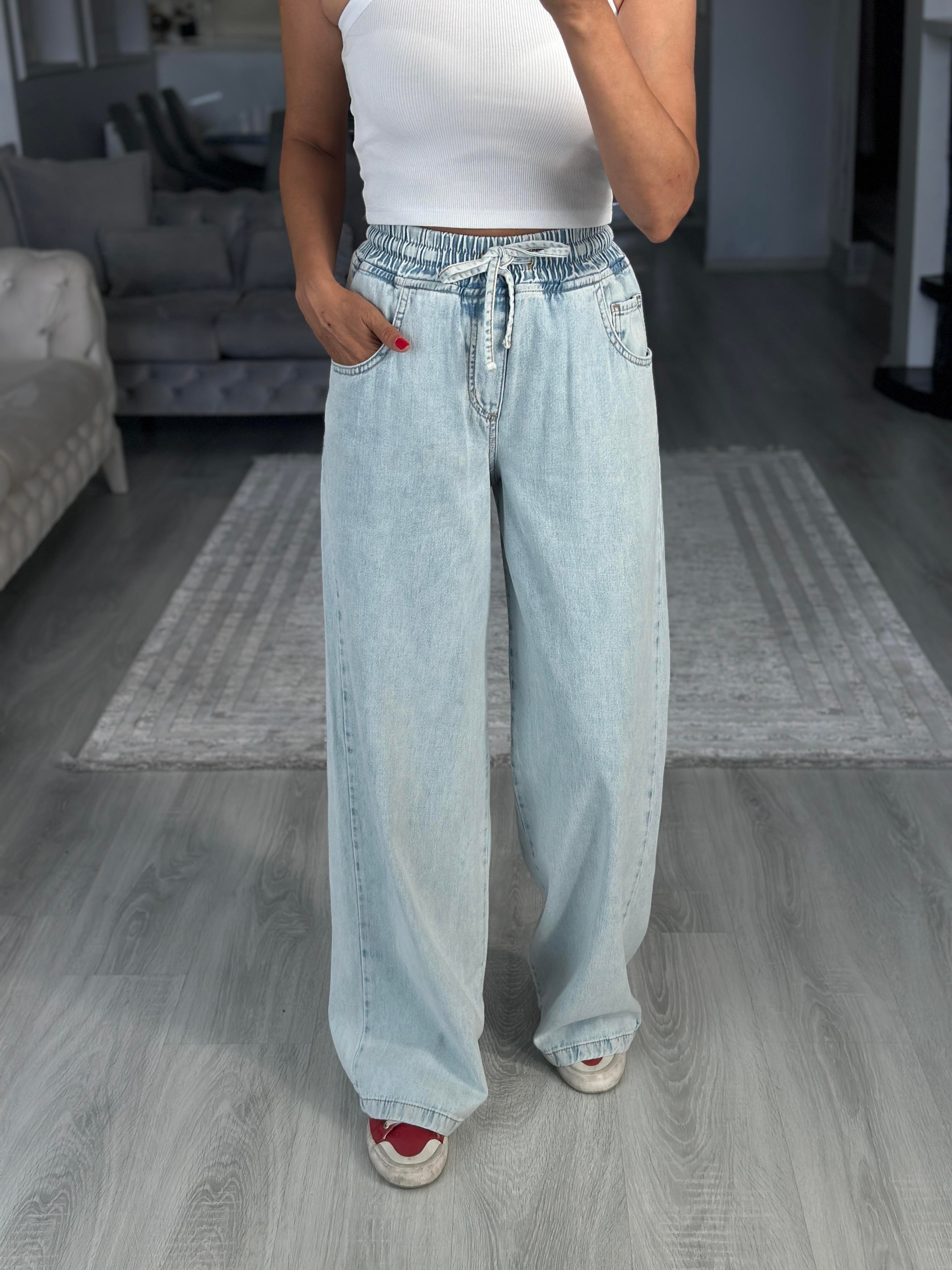 Buz Mavi Beli Lastikli Palazzo Kadın Jean Pantolon