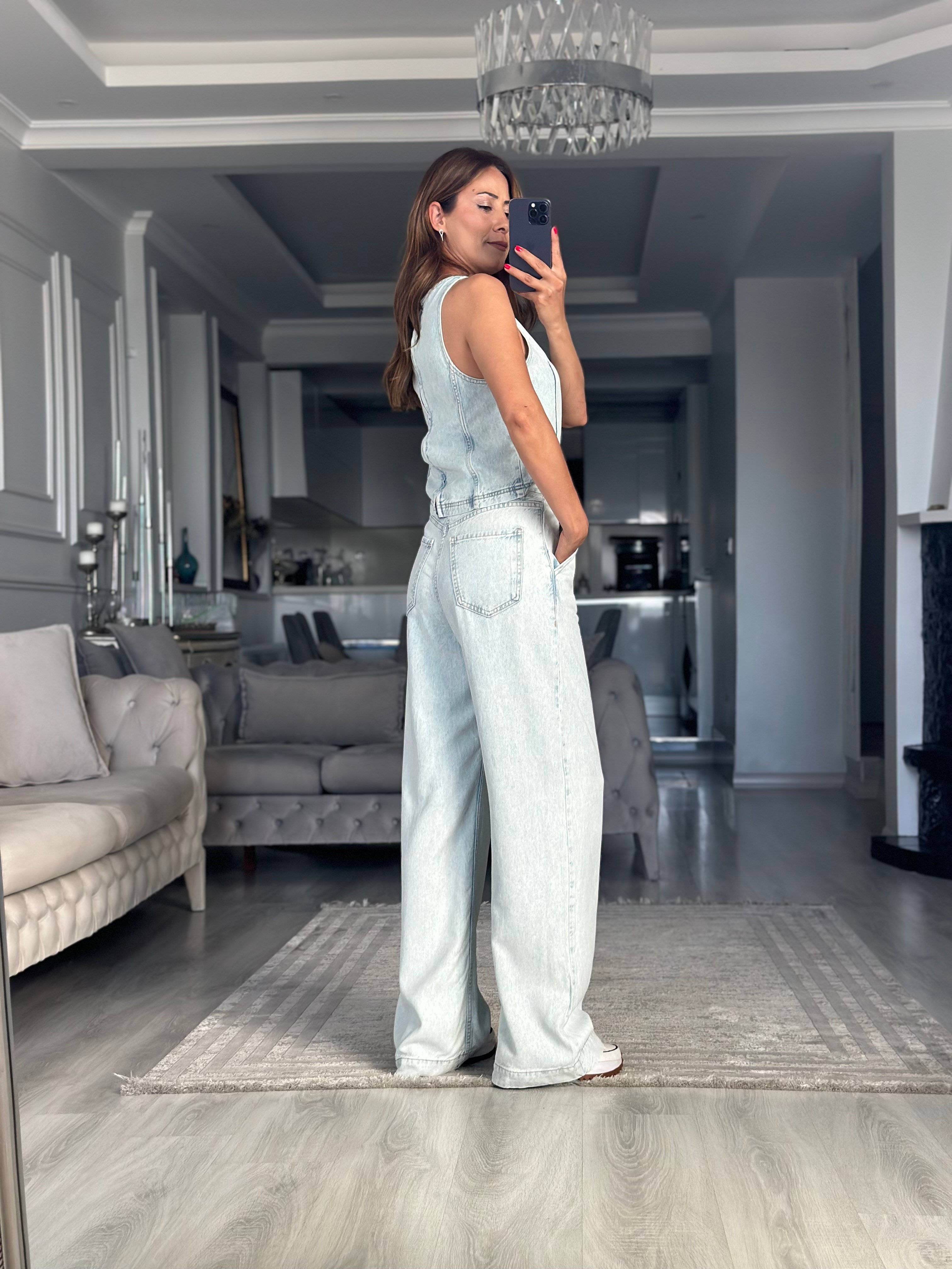 Buz Mavi Tensel Denim Kolsuz Bluz Pantolon Kadın İkili Takım
