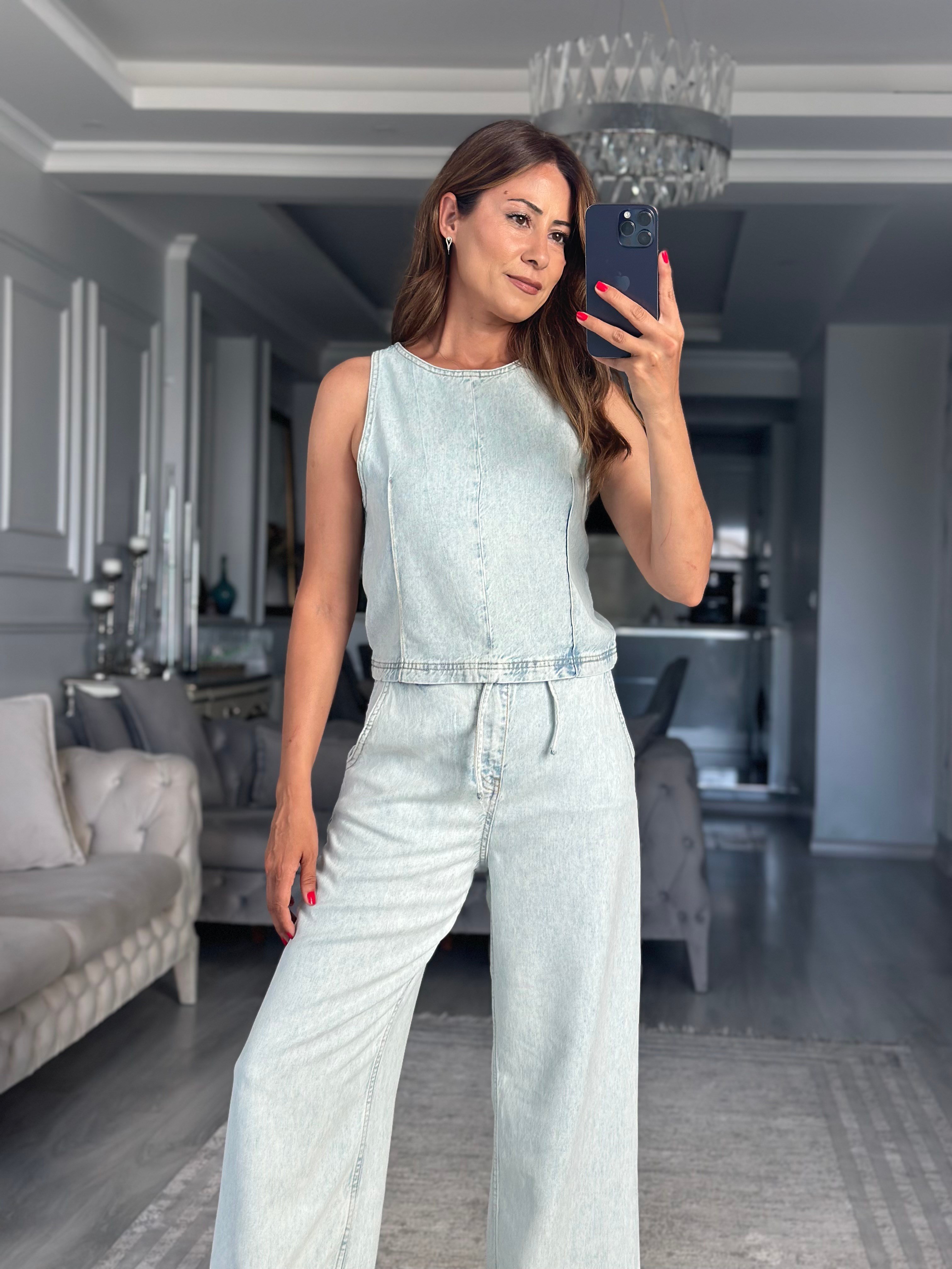 Buz Mavi Tensel Denim Kolsuz Bluz Pantolon Kadın İkili Takım