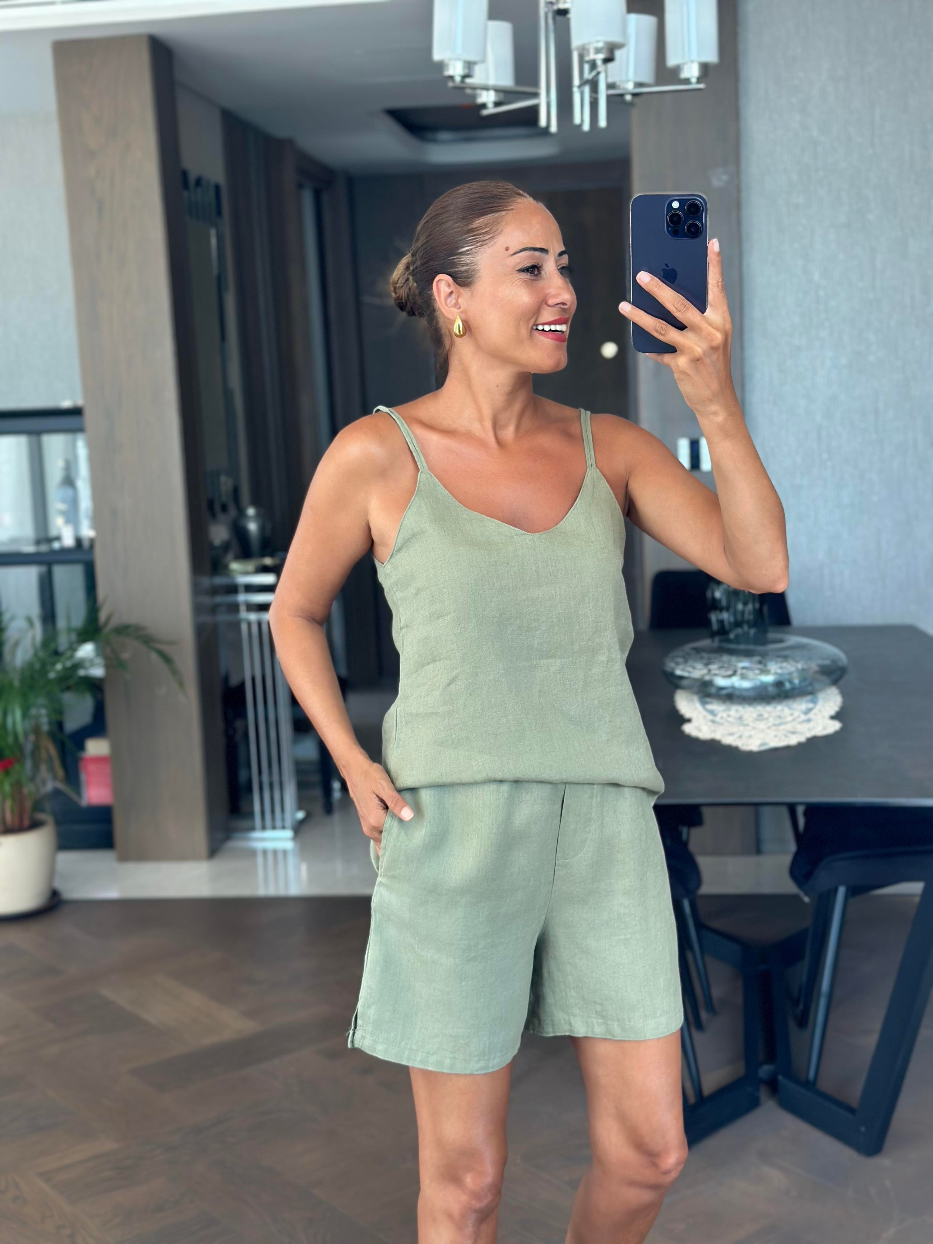 Çağla Keten Çift Askılı Bluz Şort Kadın Alt Üst Takım
