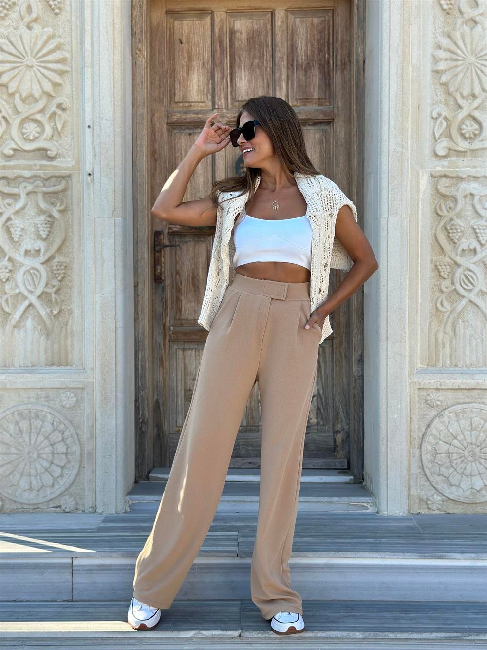 Camel Beli Cırtlı Likralı Krep Palazzo Kadın Pantolon