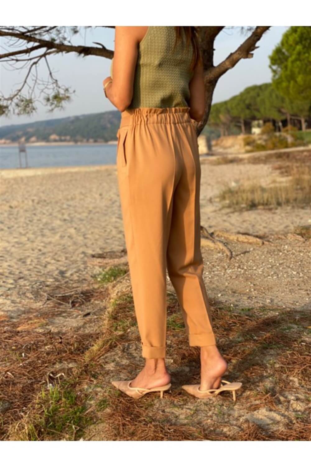 Camel Beli Lastikli Kumaş Pantolon 