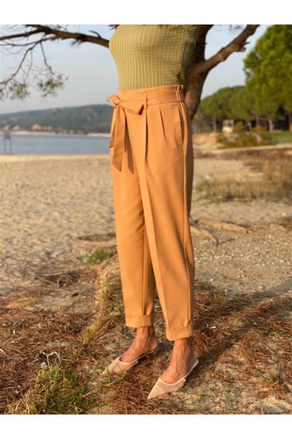 Camel Beli Lastikli Kumaş Pantolon 