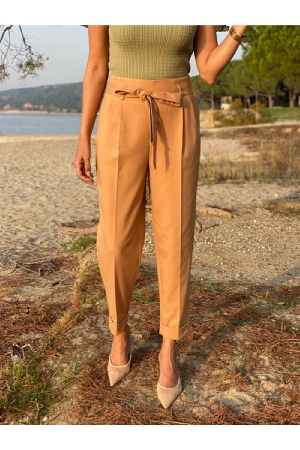 Camel Beli Lastikli Kumaş Pantolon 