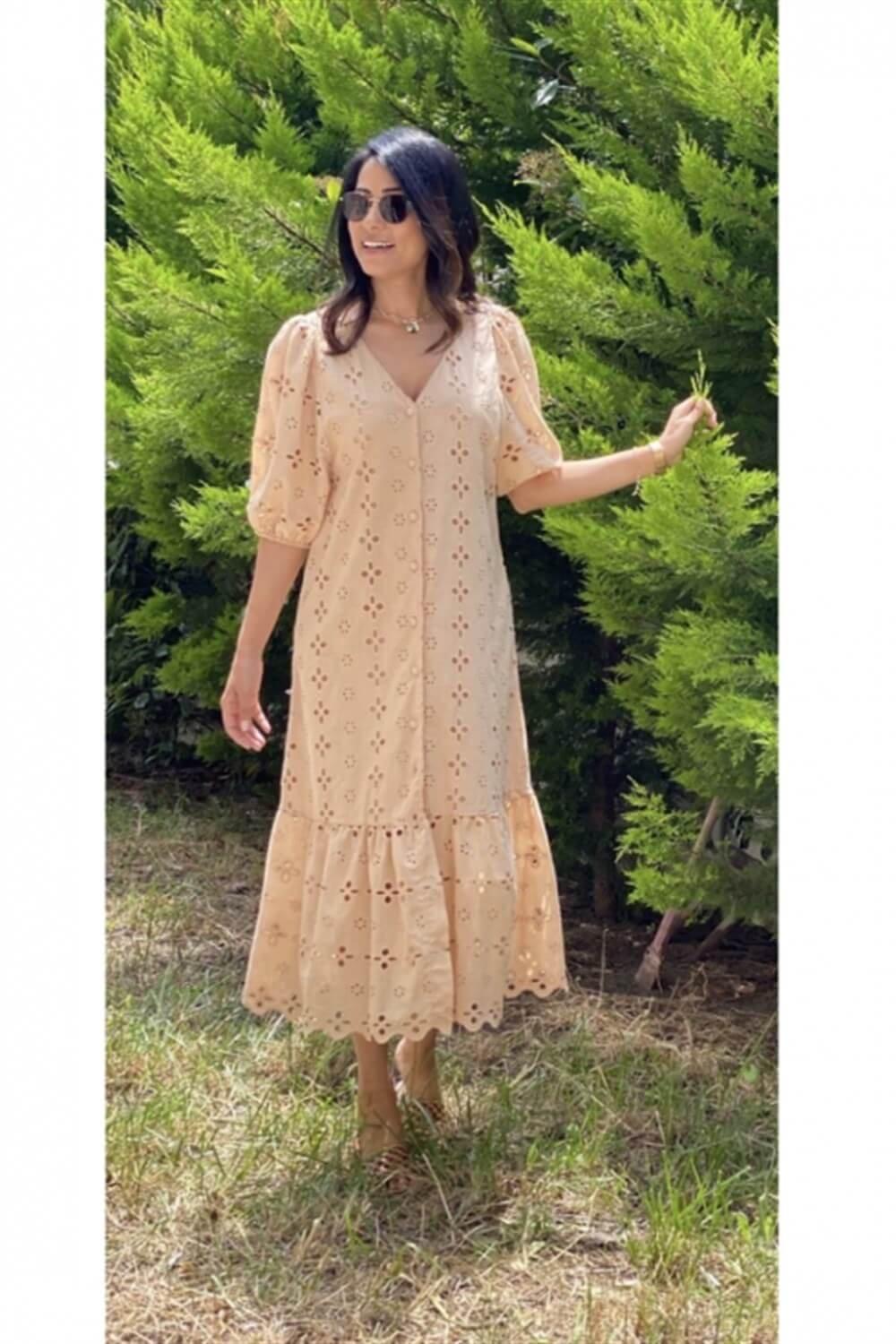 Camel Kısa Kol V Yaka Fisto Elbise