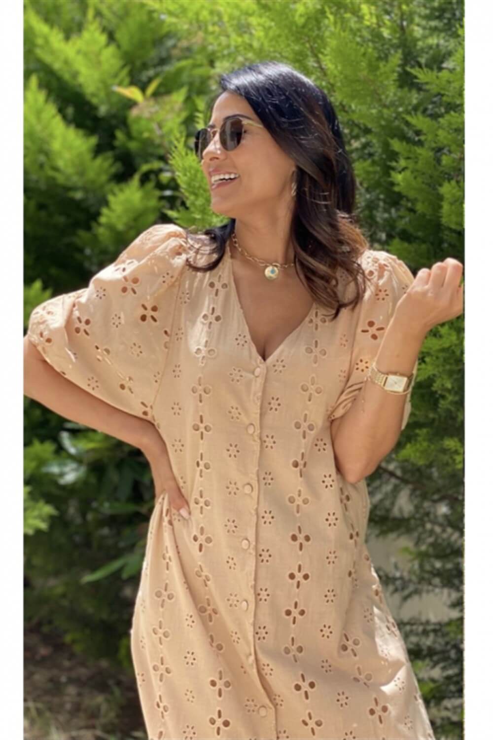 Camel Kısa Kol V Yaka Fisto Elbise