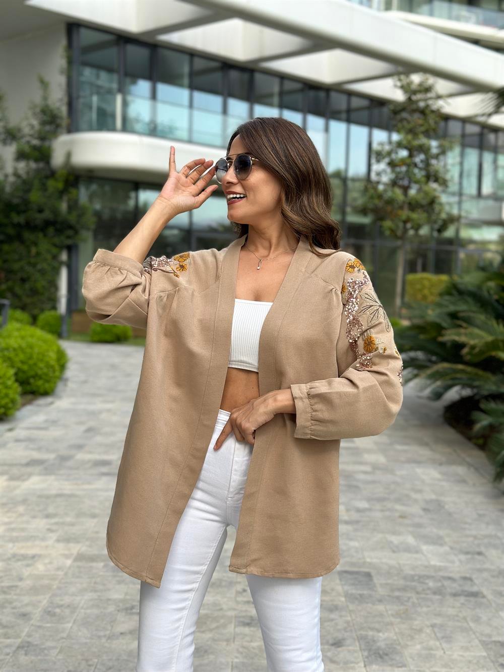 Camel Nakışlı Kadın Kimono Gömlek