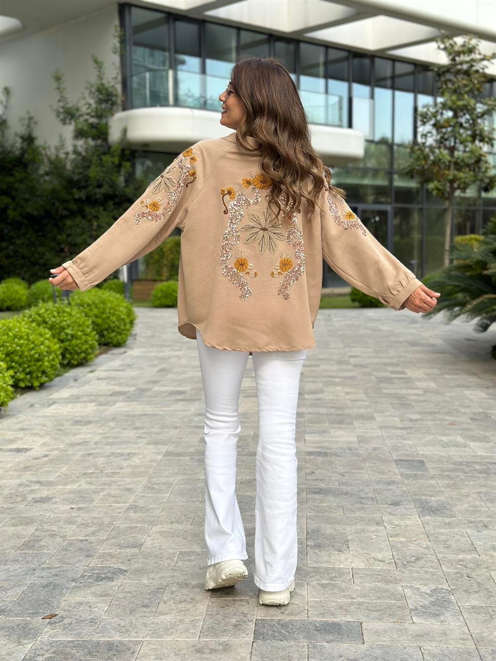 Camel Nakışlı Kadın Kimono Gömlek