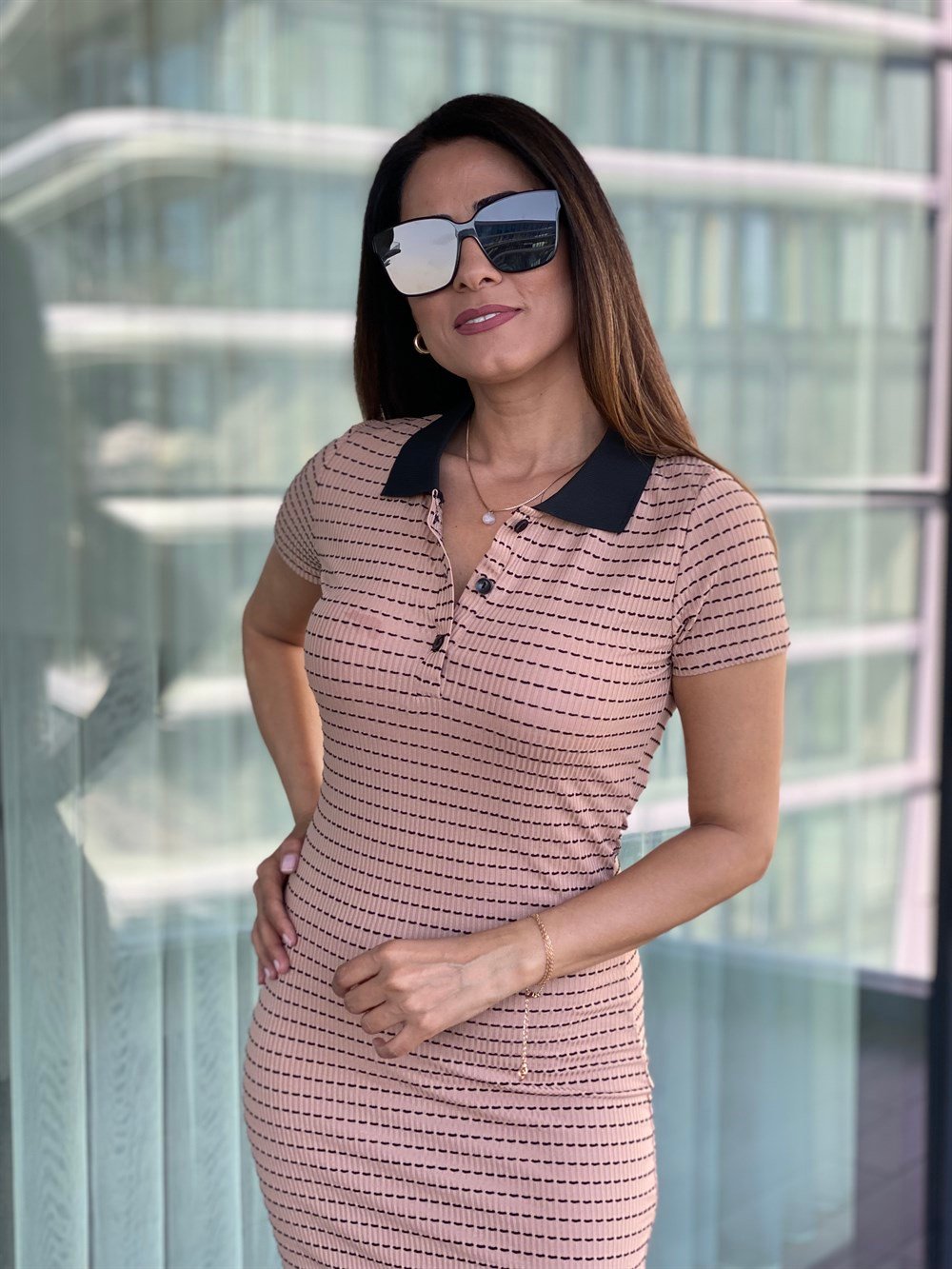 Camel Polo Yaka Çizgi Detaylı Elbise 