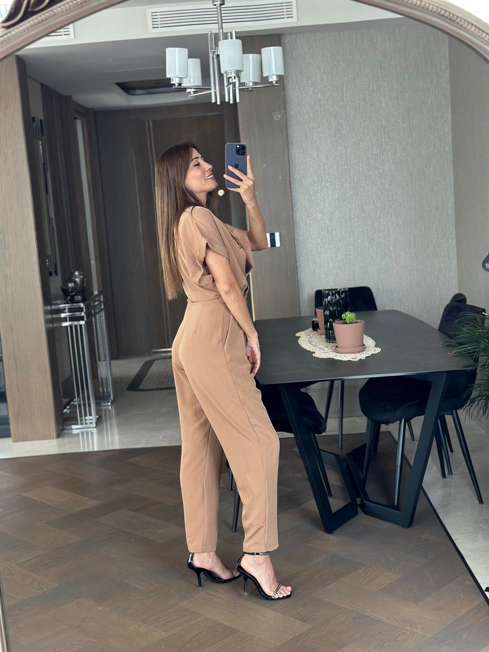 Camel Tensel Havuç Model Önü Düğmeli Kadın Tulum