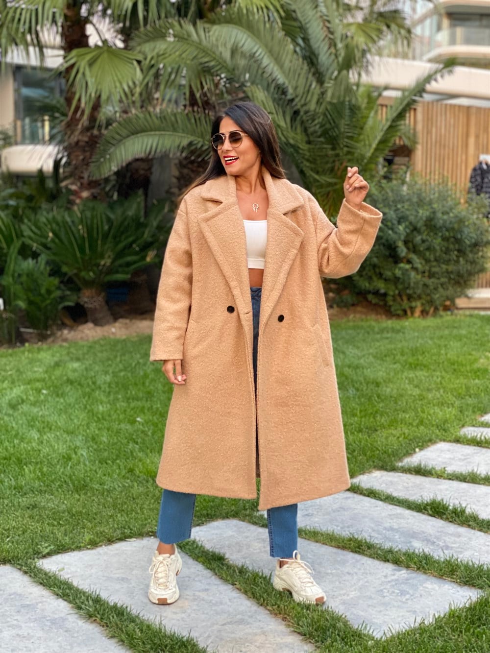 Camel Uzun Buklet Kadın Kaban