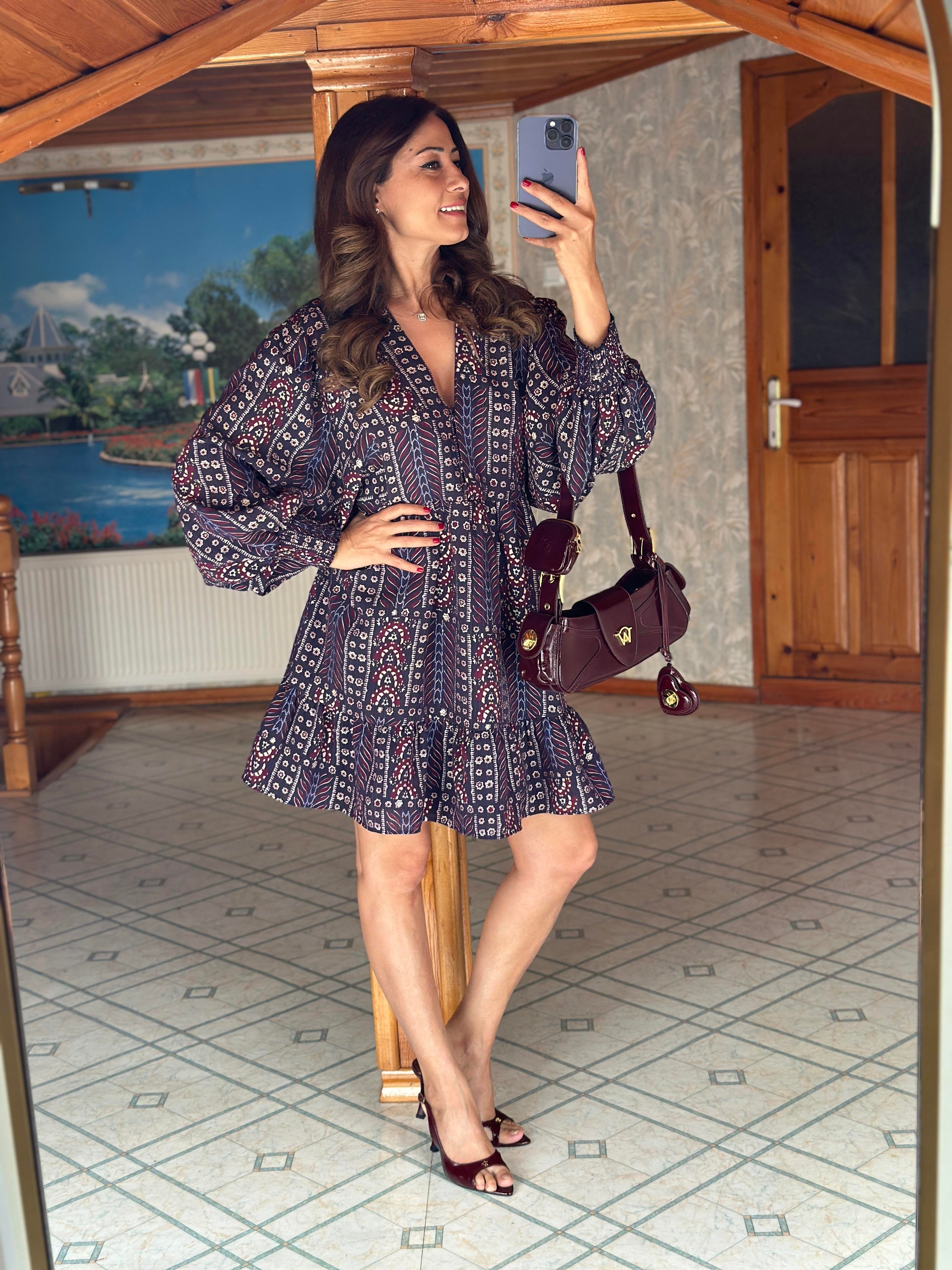 Çok Renkli Brit Düğmeli Kadın Şifon Mini Elbise