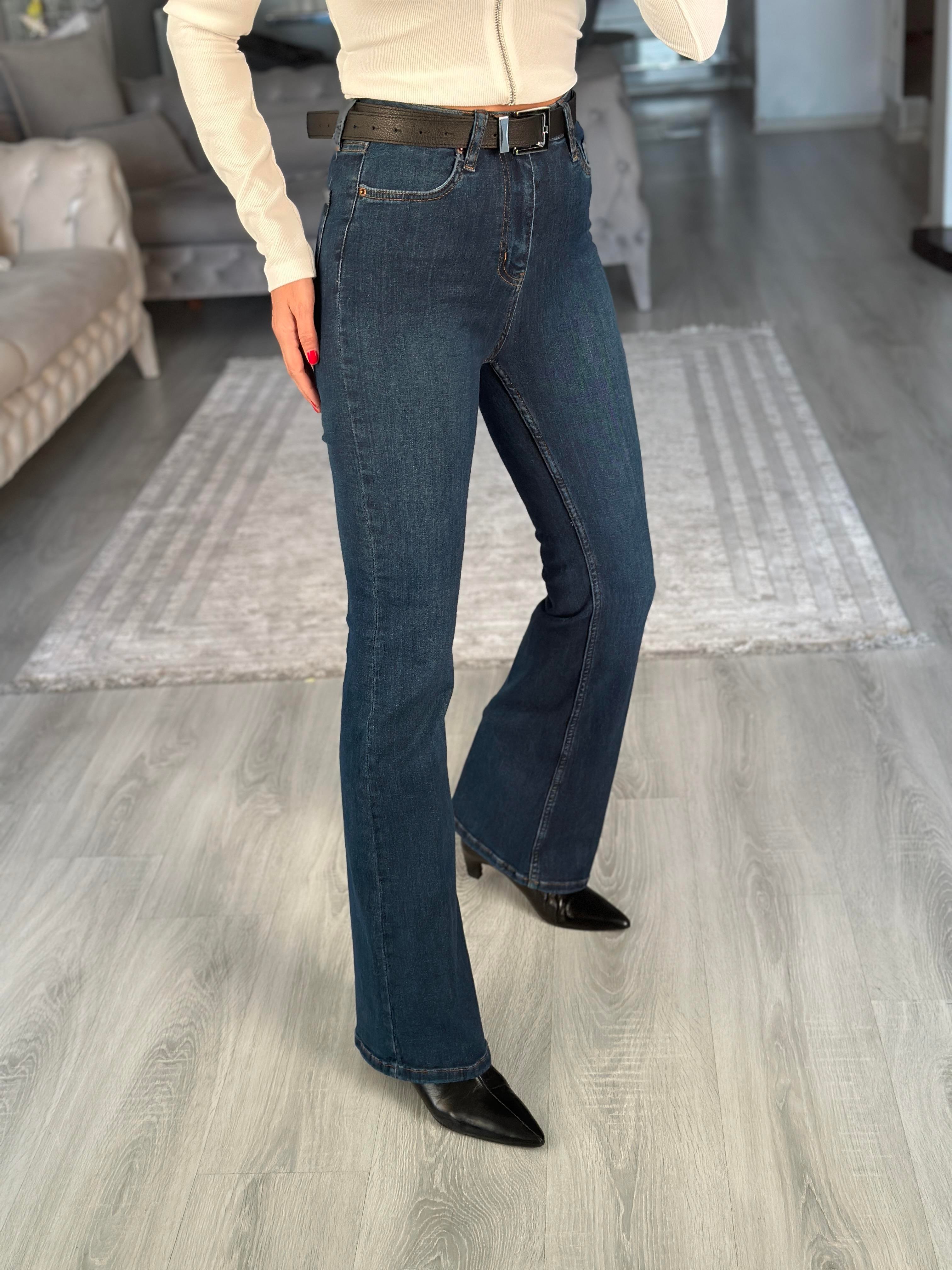 Dark Blue Lacarino Likralı İspanyol Paça Kadın Jean Pantolon