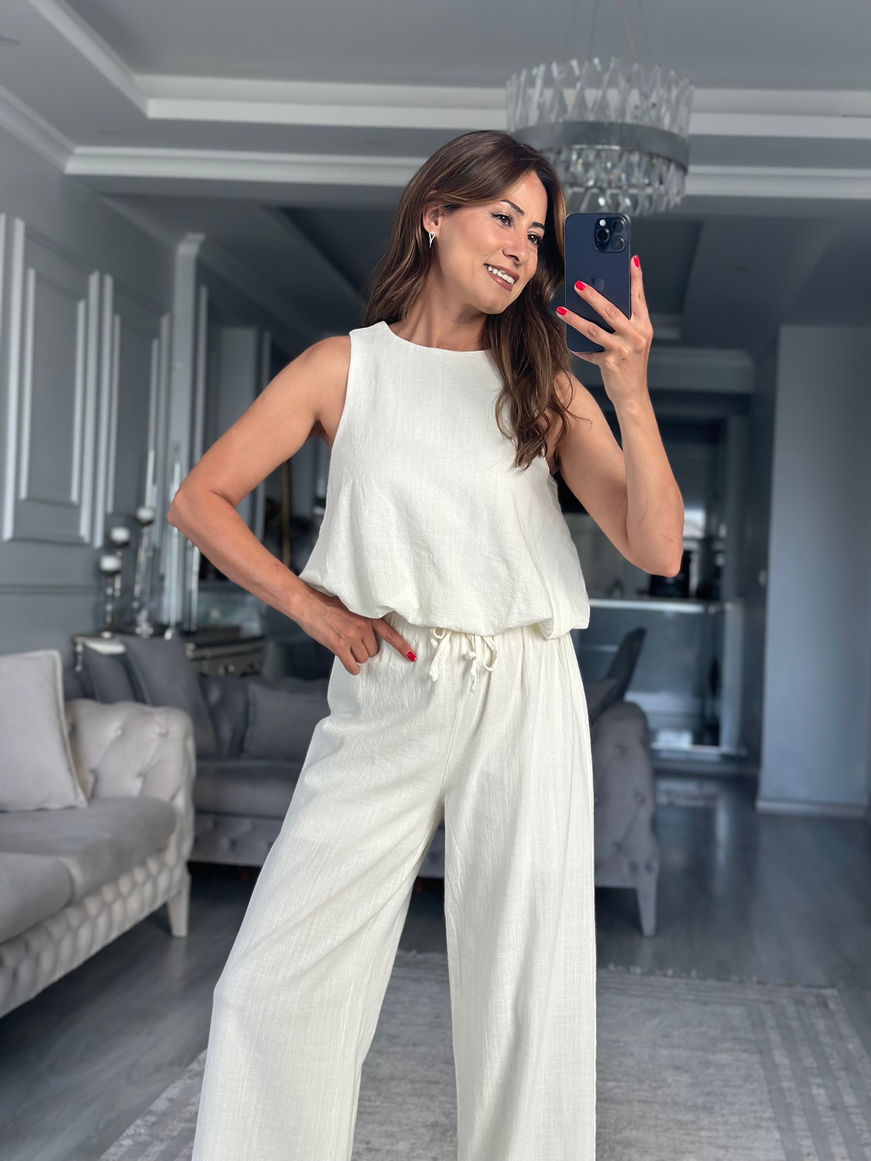 Ekru Balon Bluz Pantolon  Keten Kadın İkili Takım