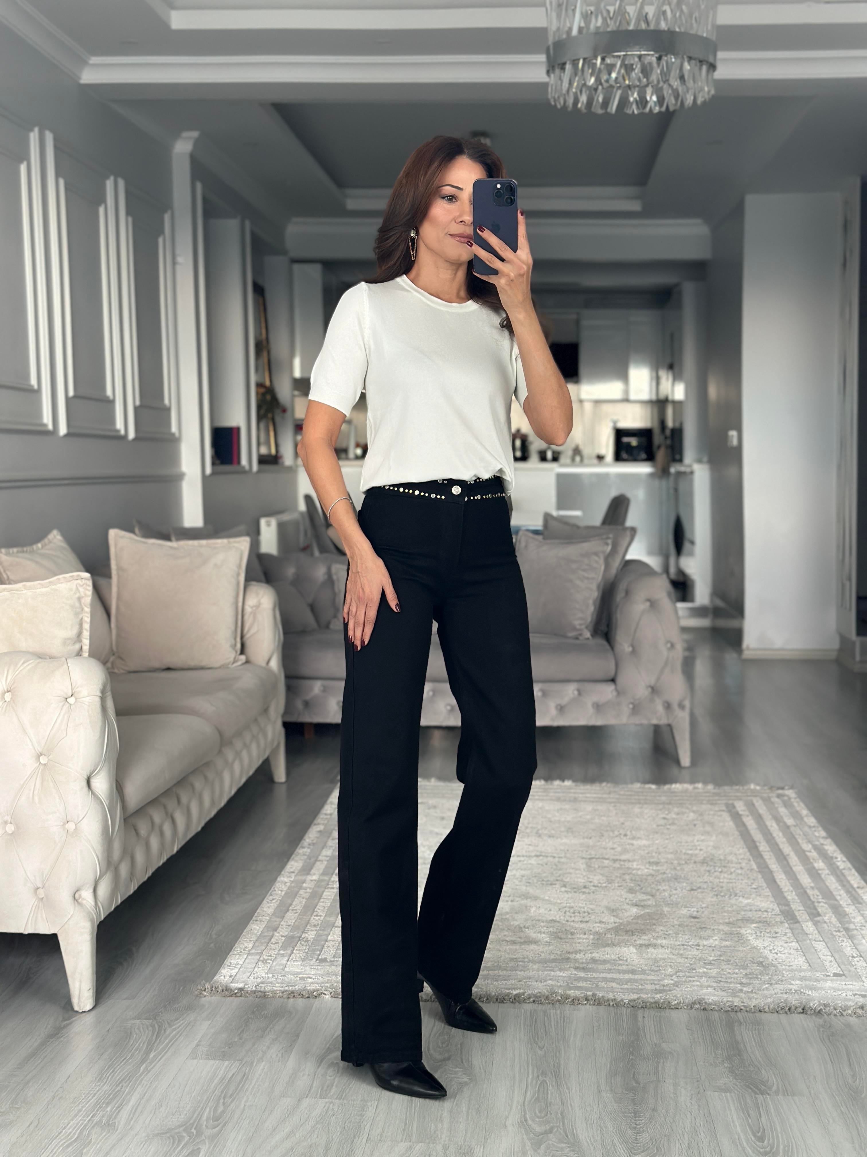 Ekru Bisiklet Yaka  Kısa Kol Basic Kadın Triko Bluz