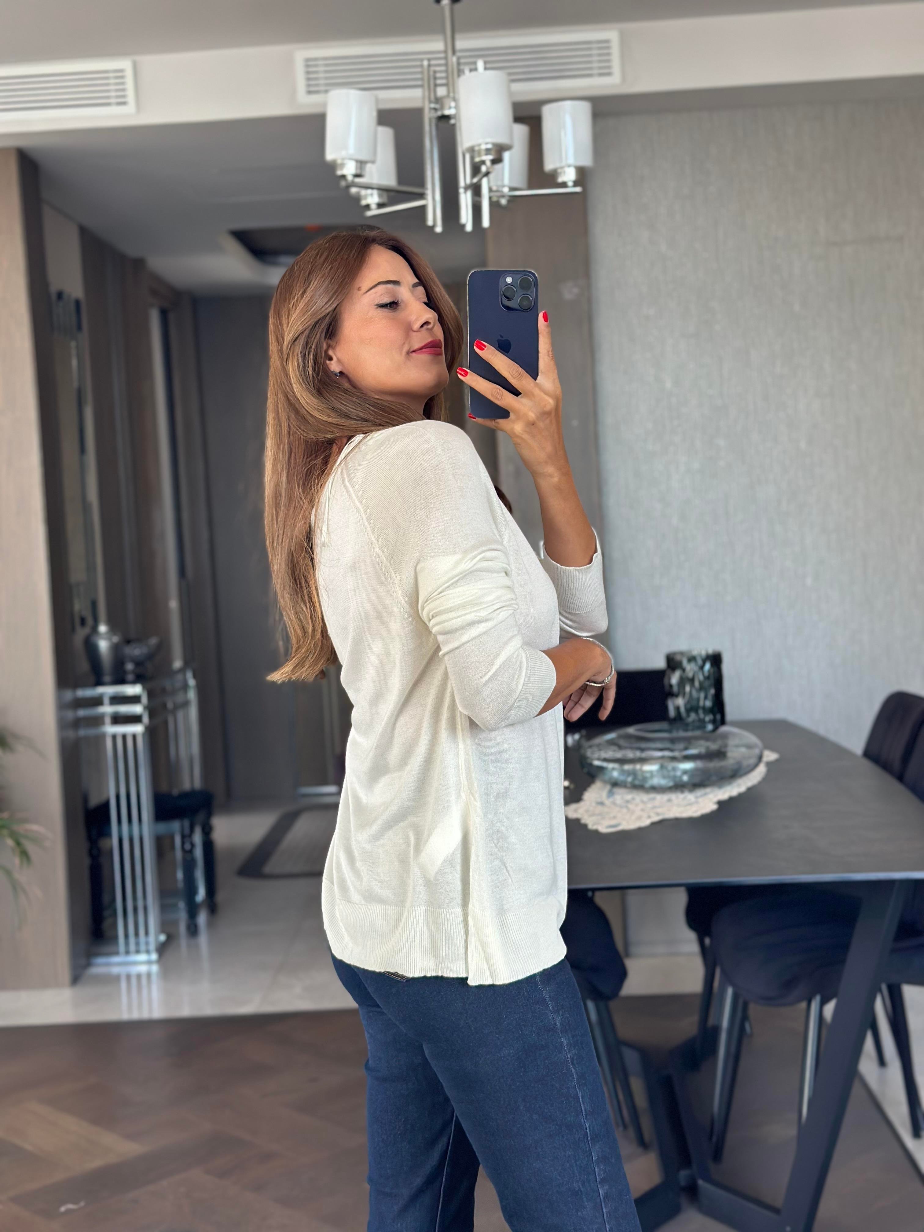 Ekru Bisiklet Yaka Uzun Kol Dlvn Düz Merserize Kadın Bluz