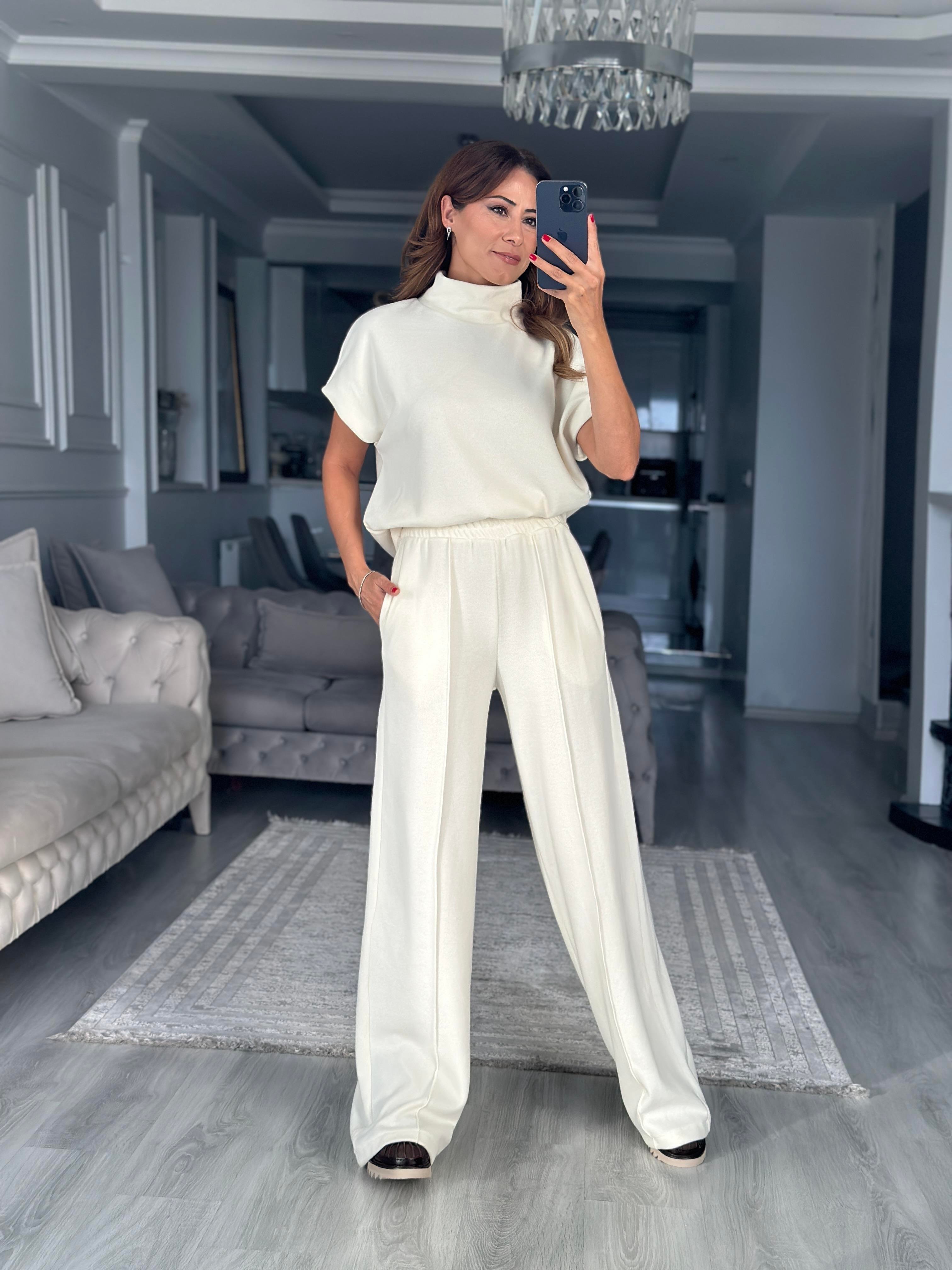 Ekru Dik Yaka Kolsuz Bluz Pantolon Kadın İkili Takım