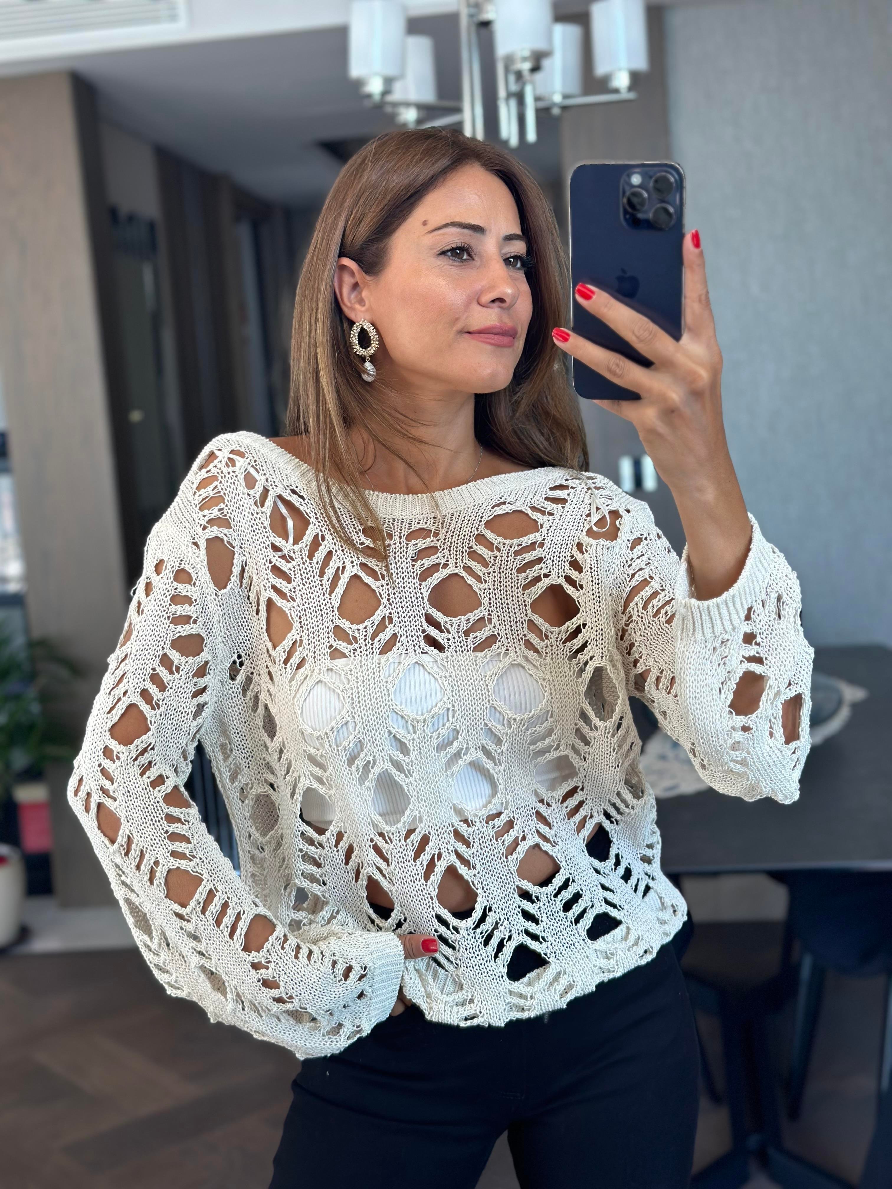 Ekru Dlvn Kayık Yaka Ajurlu Arkası Bağlamalı Kadın Triko Kazak