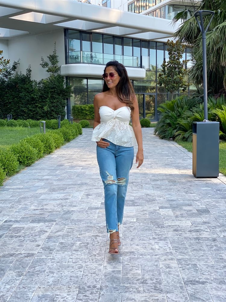 Ekru Garnili Triko Top Kadın Bluz
